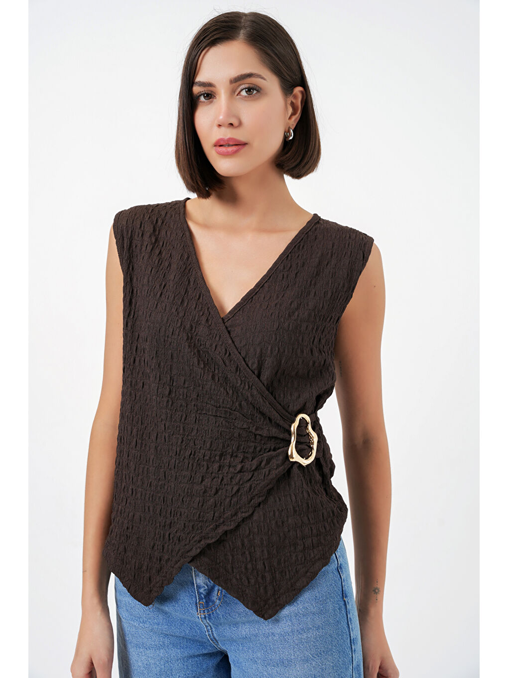 Kadın Sıfır Kol Örme Bluz 988 - Kahverengi-1