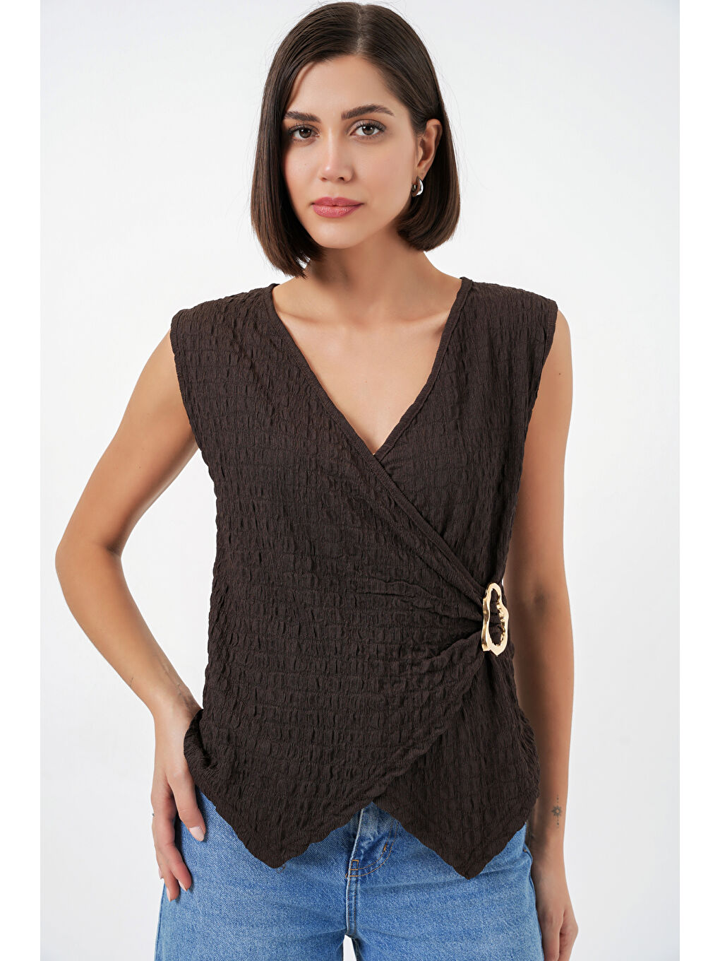 Kadın Sıfır Kol Örme Bluz 988 - Kahverengi-2