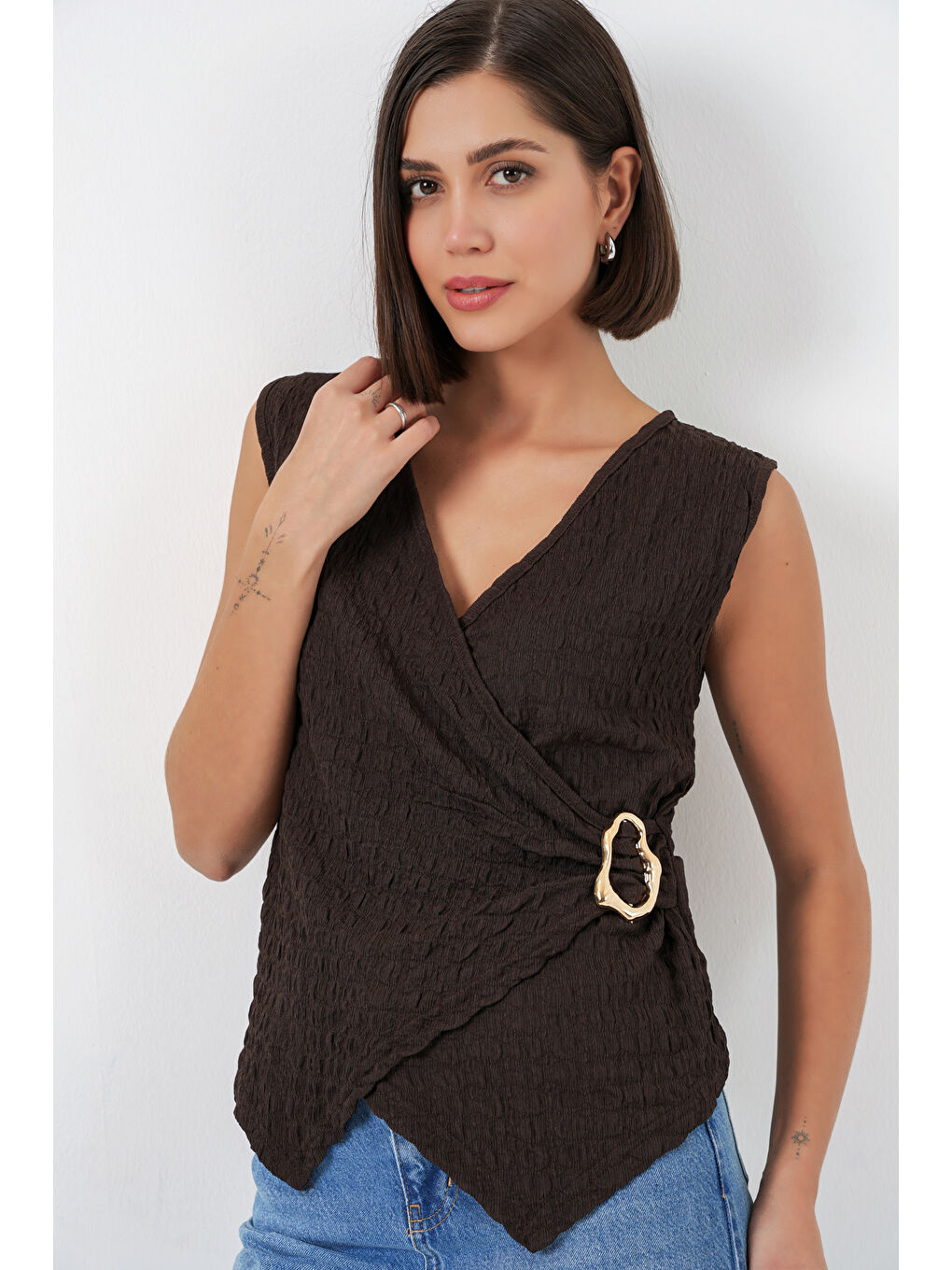 Kadın Sıfır Kol Örme Bluz 988 - Kahverengi-3