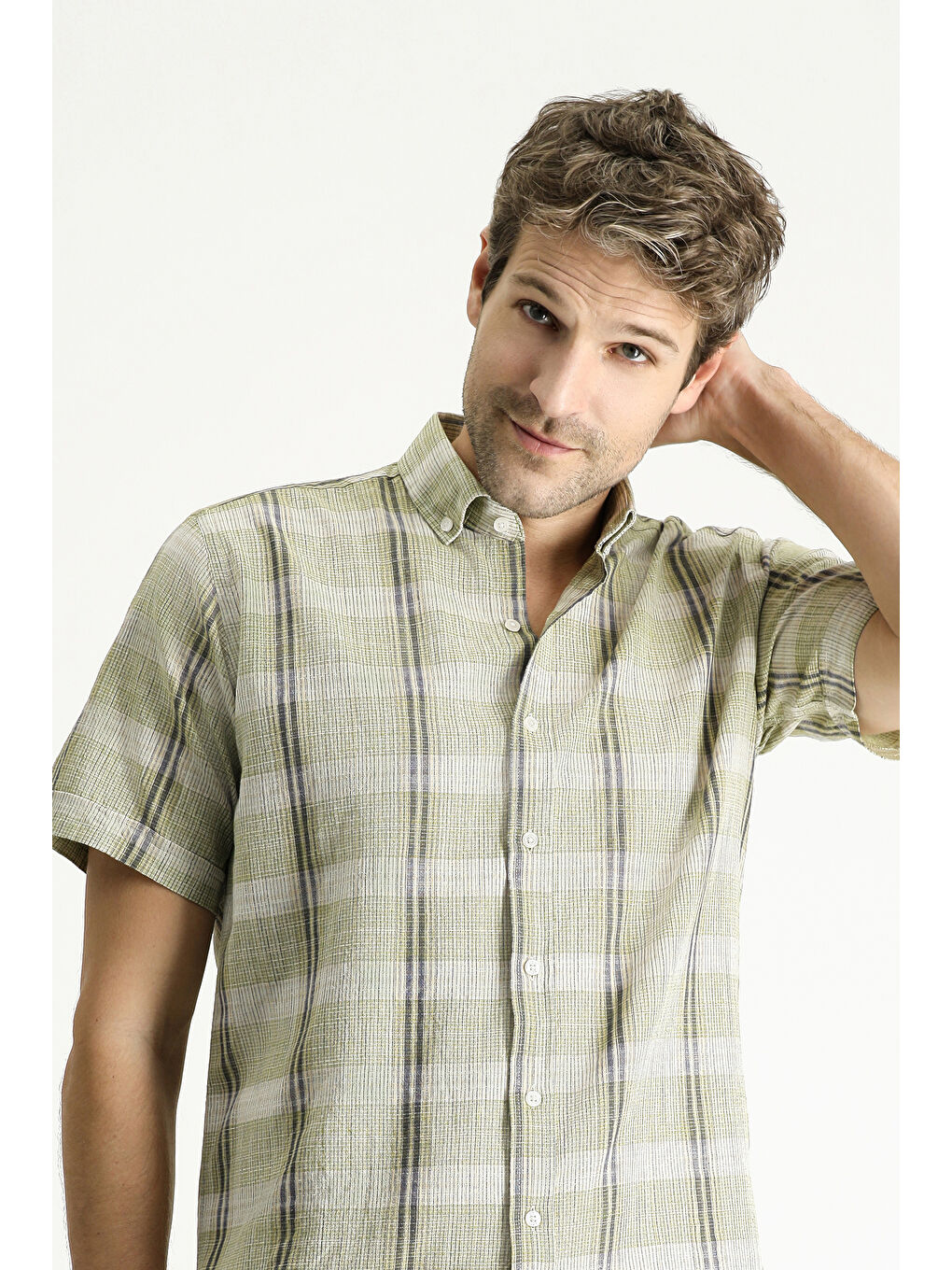 Haki Kısa Kol Regular Fit Ekose Spor Pamuk Düğmeli Yaka Gömlek-2