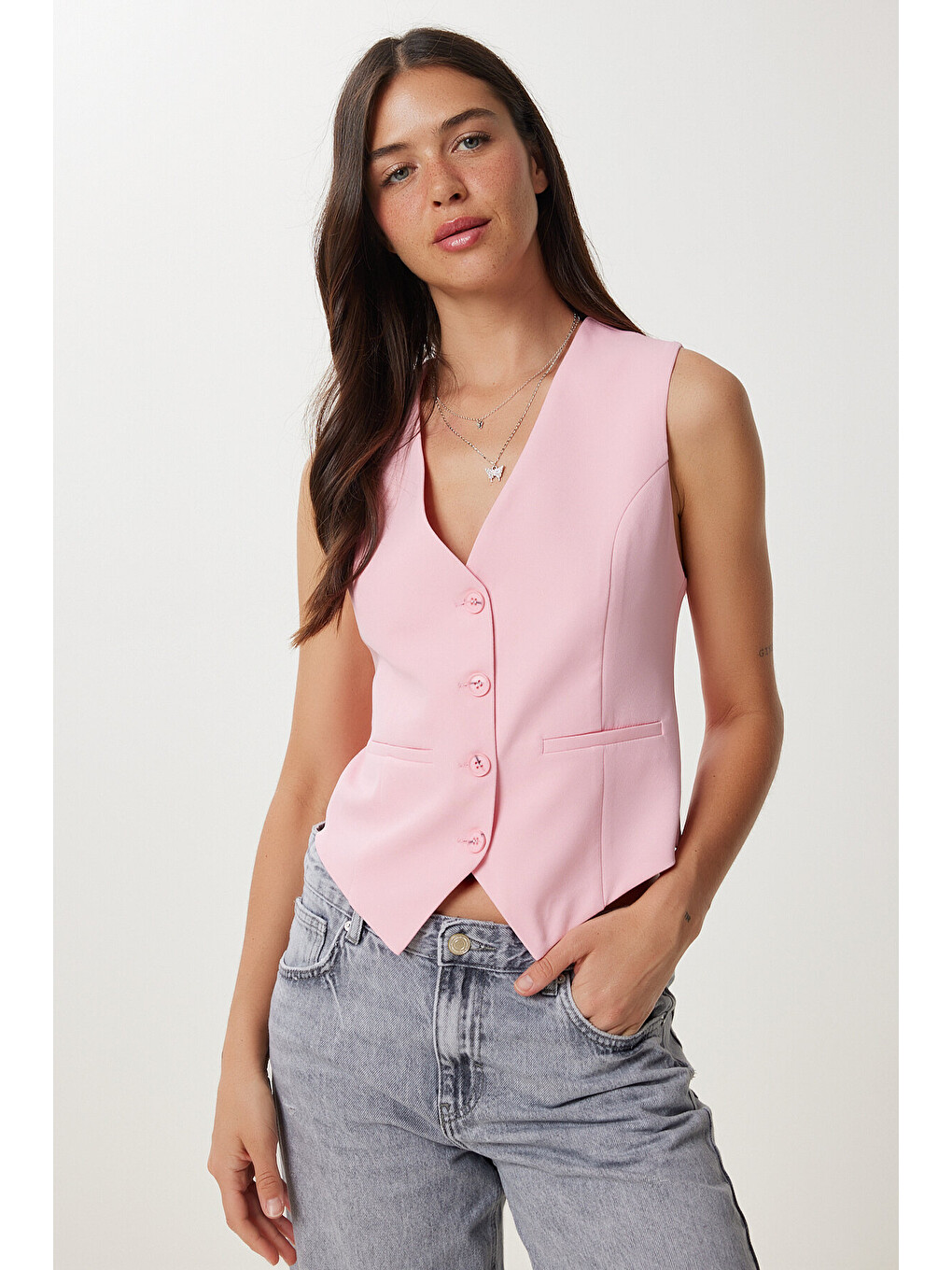 Pembe Vucüda Oturan Crop Dokuma Yelek PEMBE LTO0003-1