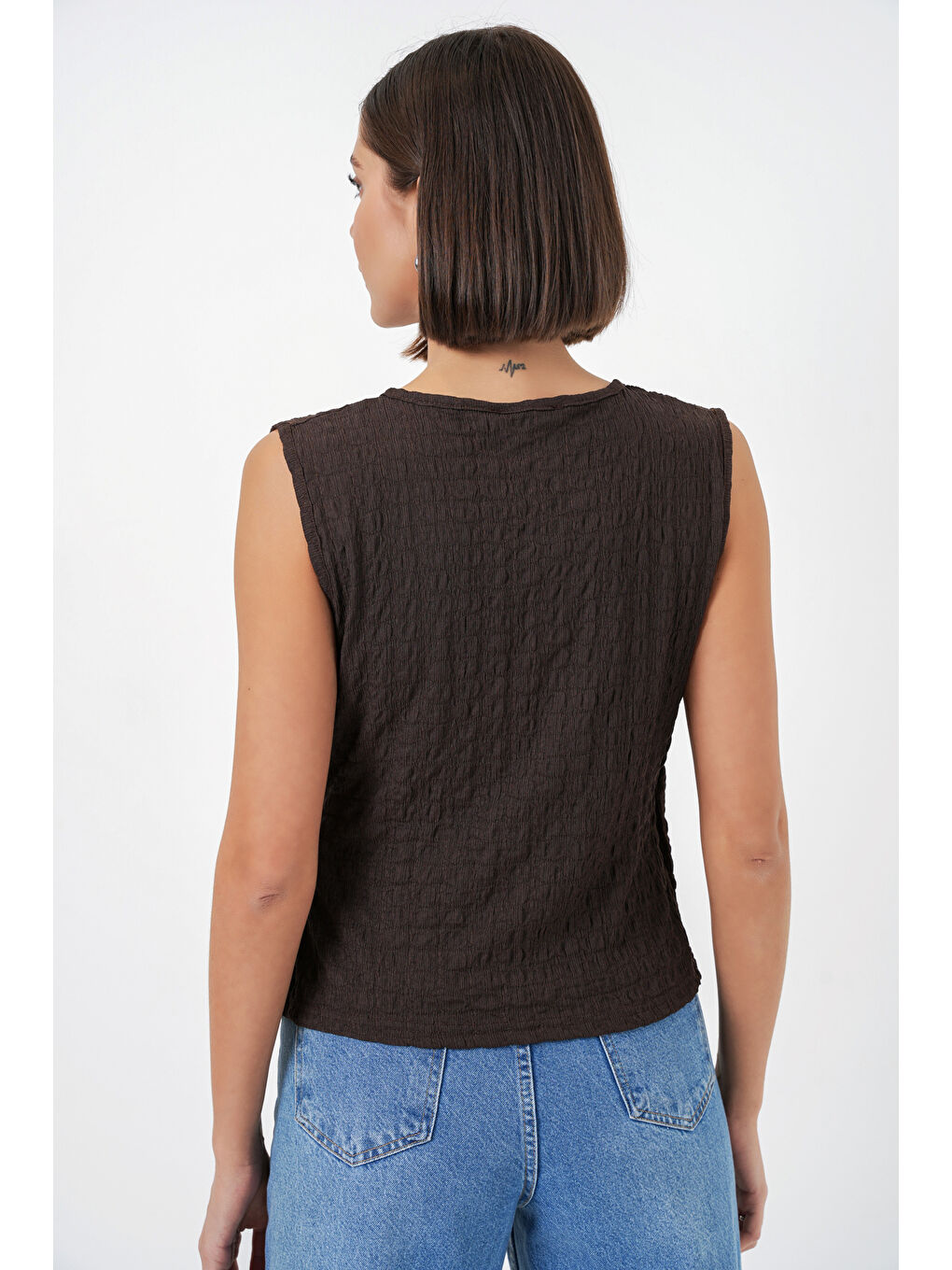 Kadın Sıfır Kol Örme Bluz 988 - Kahverengi-5