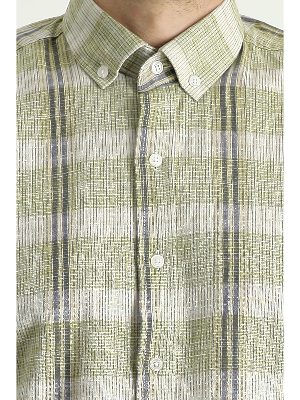 Haki Kısa Kol Regular Fit Ekose Spor Pamuk Düğmeli Yaka Gömlek-5