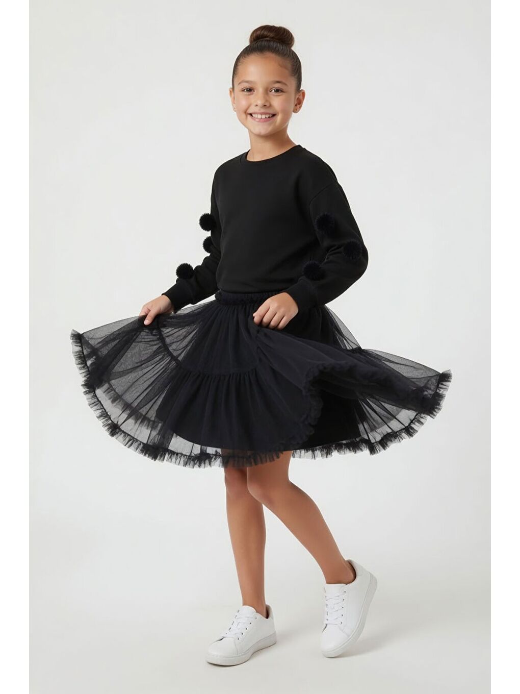 Siyah Ponponlu Badili Tütü Etekli Kız Çocuk Takım 23997-2
