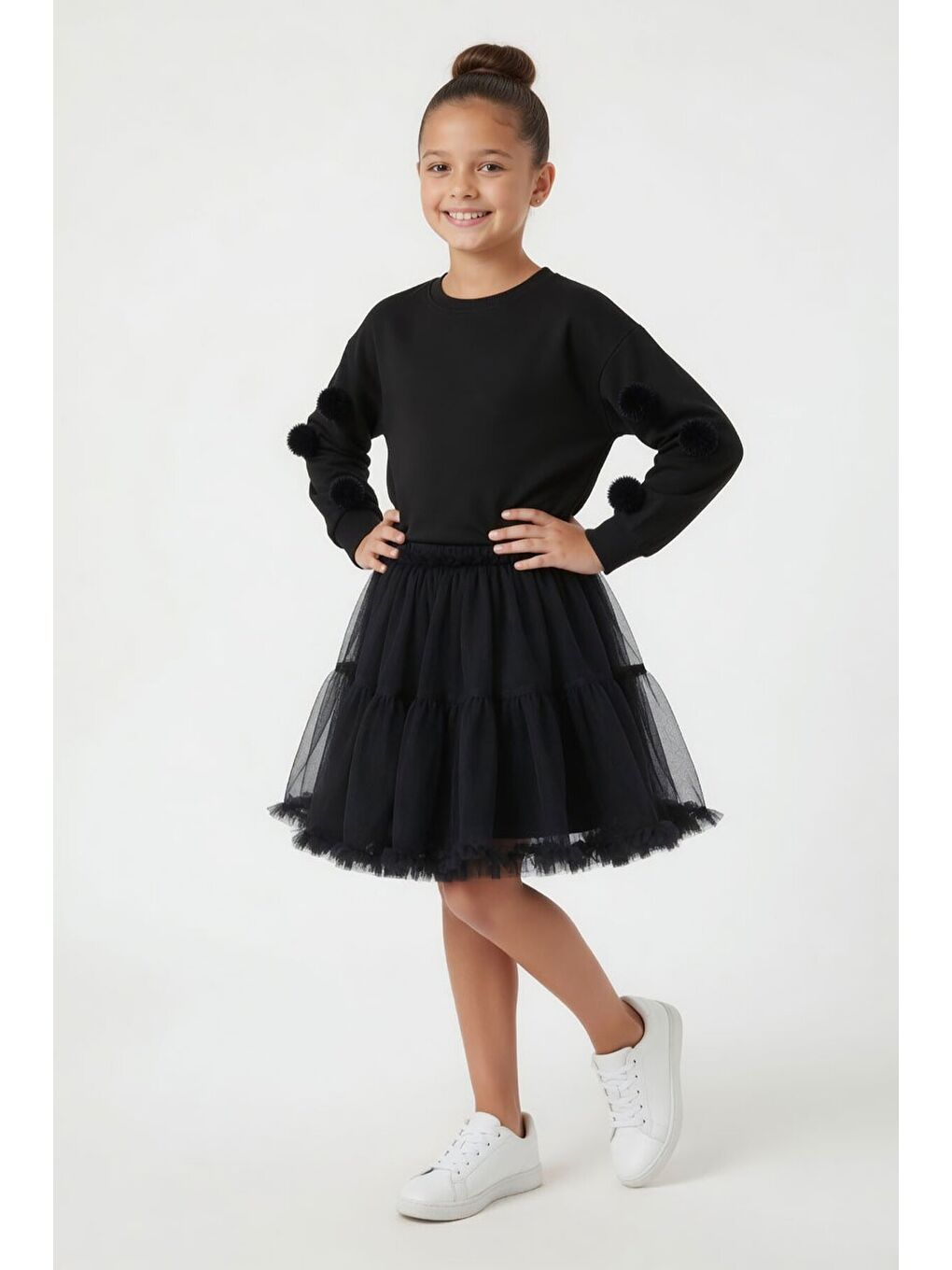 Siyah Ponponlu Badili Tütü Etekli Kız Çocuk Takım 23997-3