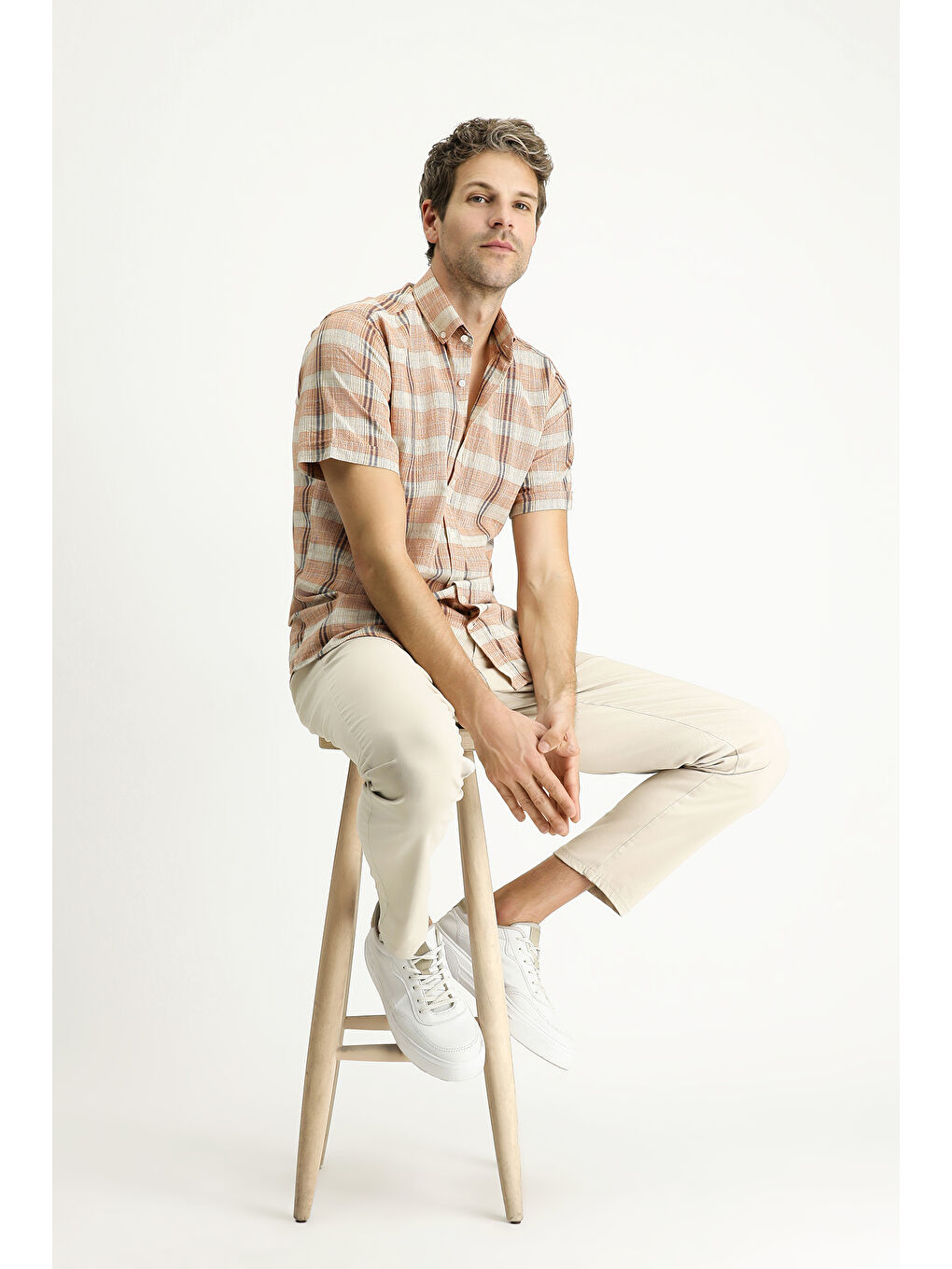 Turuncu Kısa Kol Regular Fit Ekose Spor Pamuk Düğmeli Yaka %100 Pamuk Gömlek