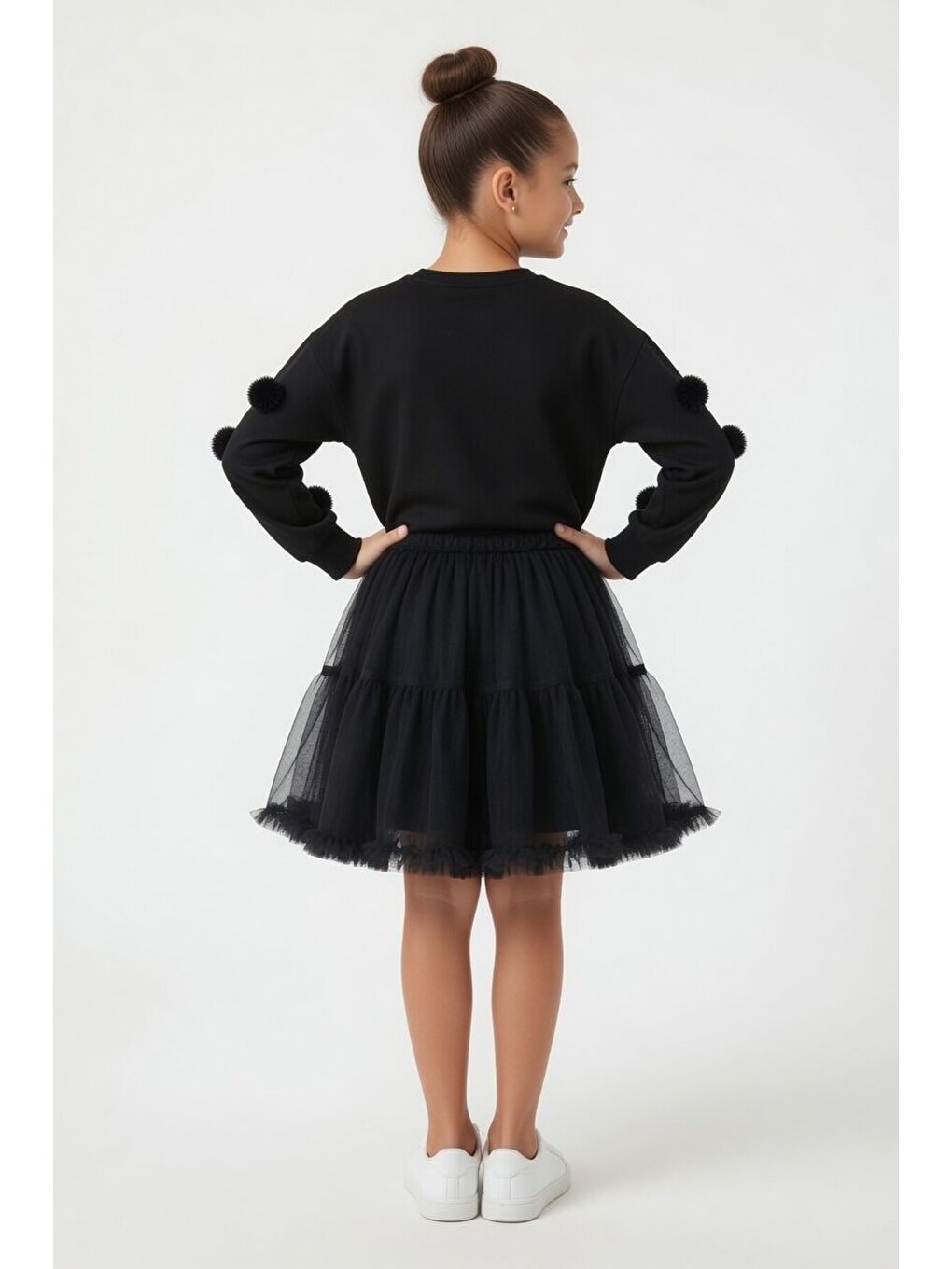 Siyah Ponponlu Badili Tütü Etekli Kız Çocuk Takım 23997-4