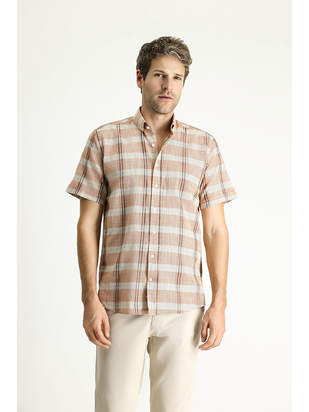 Turuncu Kısa Kol Regular Fit Ekose Spor Pamuk Düğmeli Yaka %100 Pamuk Gömlek-2