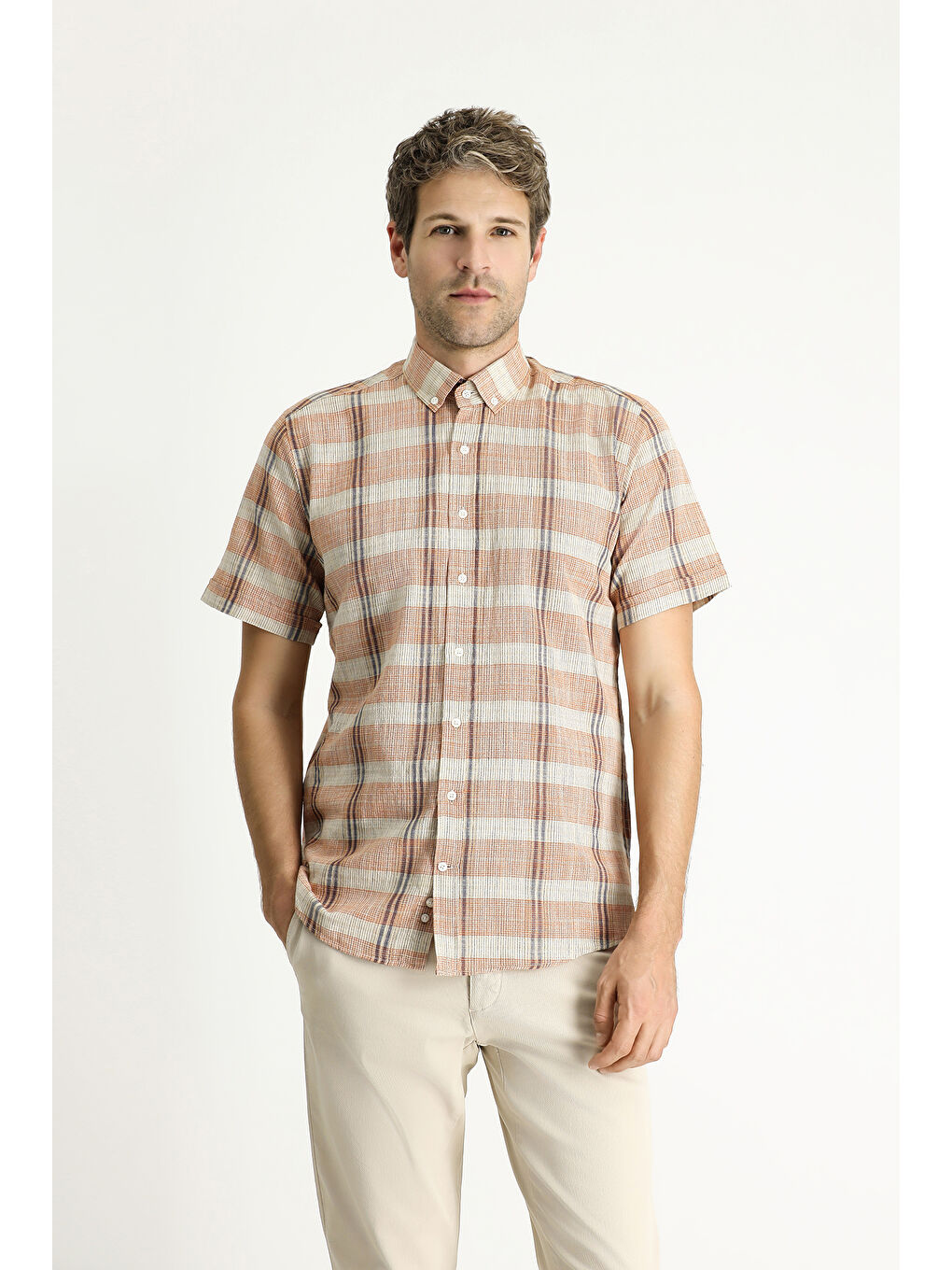 Turuncu Kısa Kol Regular Fit Ekose Spor Pamuk Düğmeli Yaka %100 Pamuk Gömlek-3