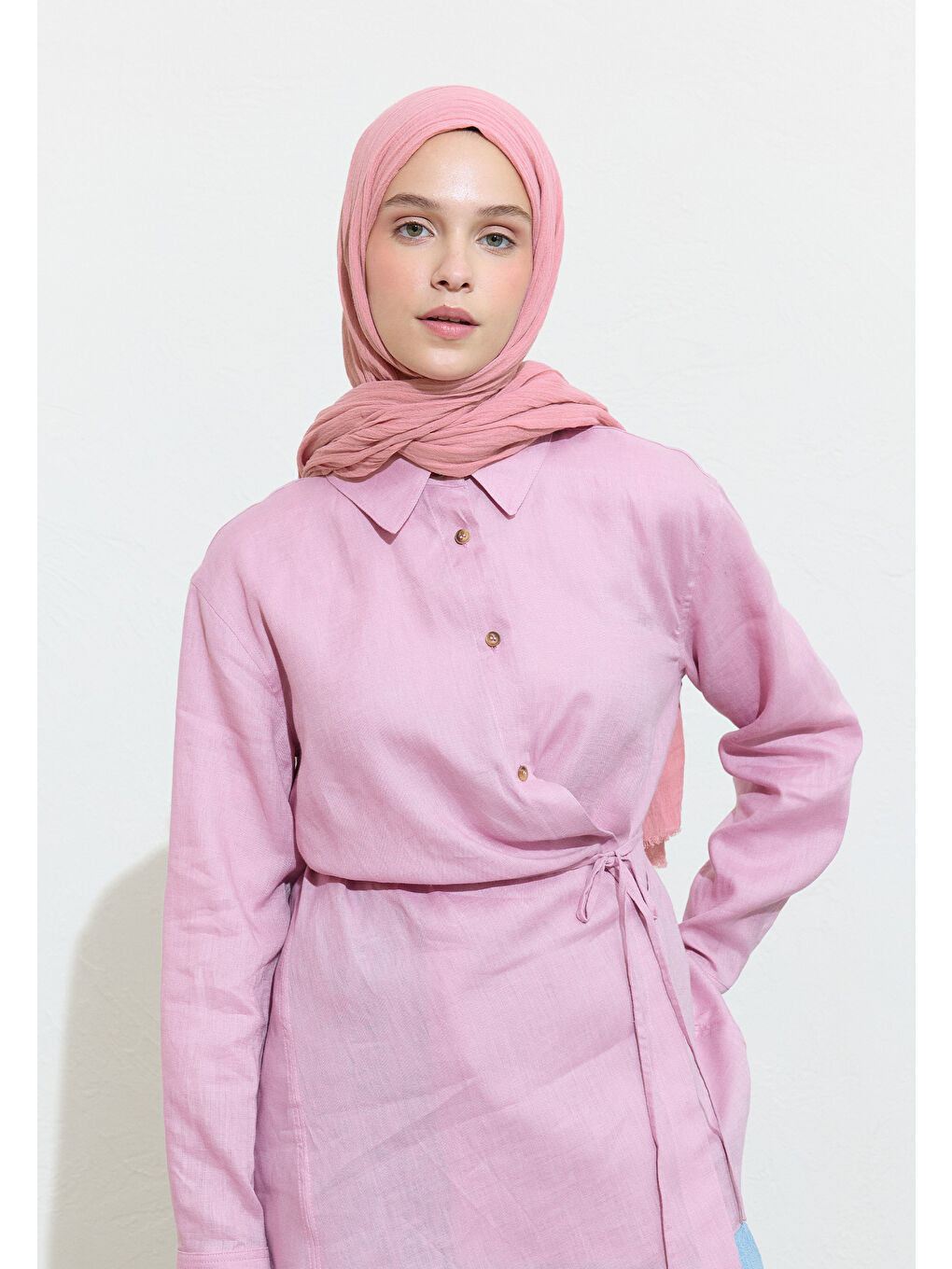 Pembe PAMUKLU KETEN ŞAL Pamuk CANDY