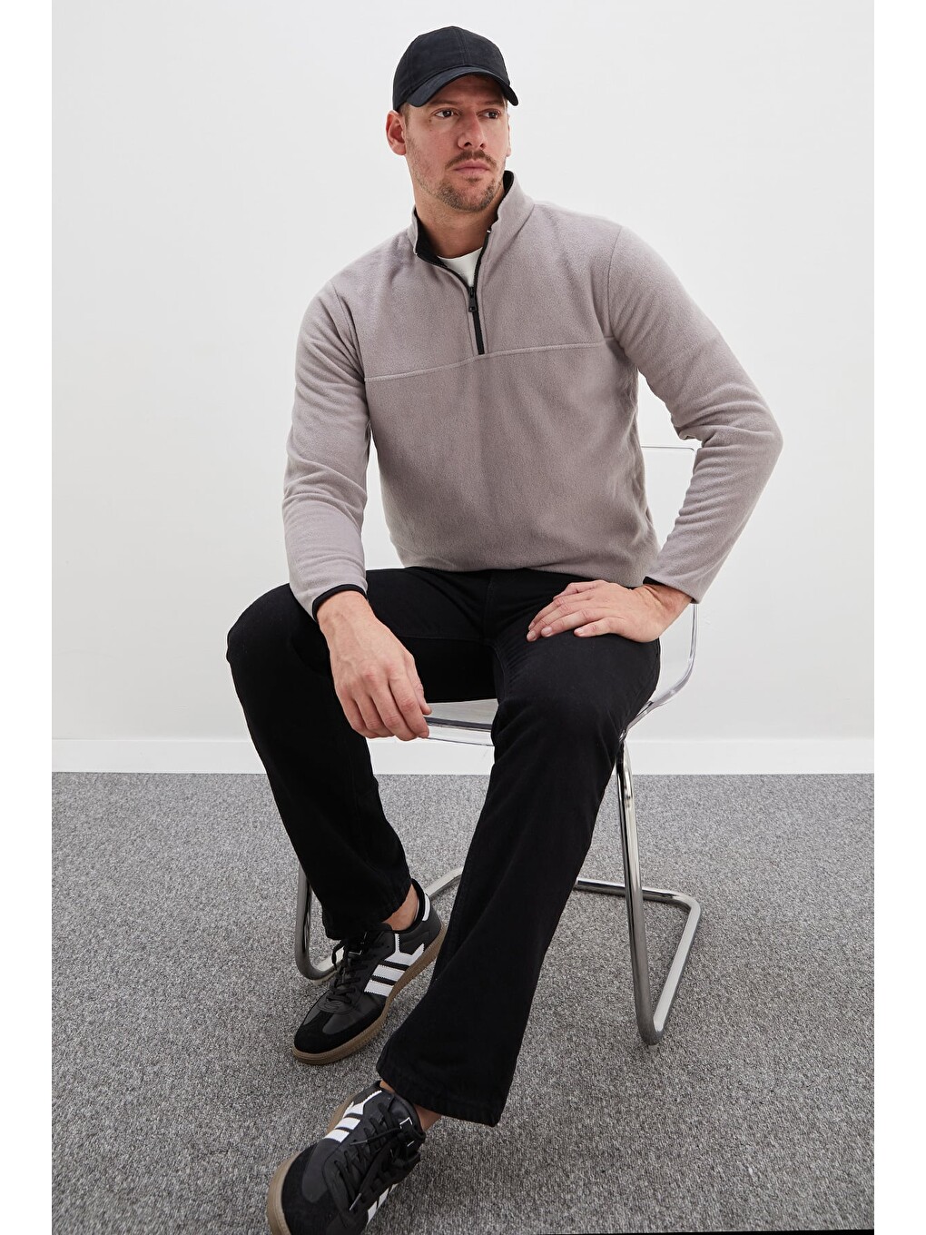 Gri Yarım Fermuarlı Dik Yaka Polar Sweatshirt-1