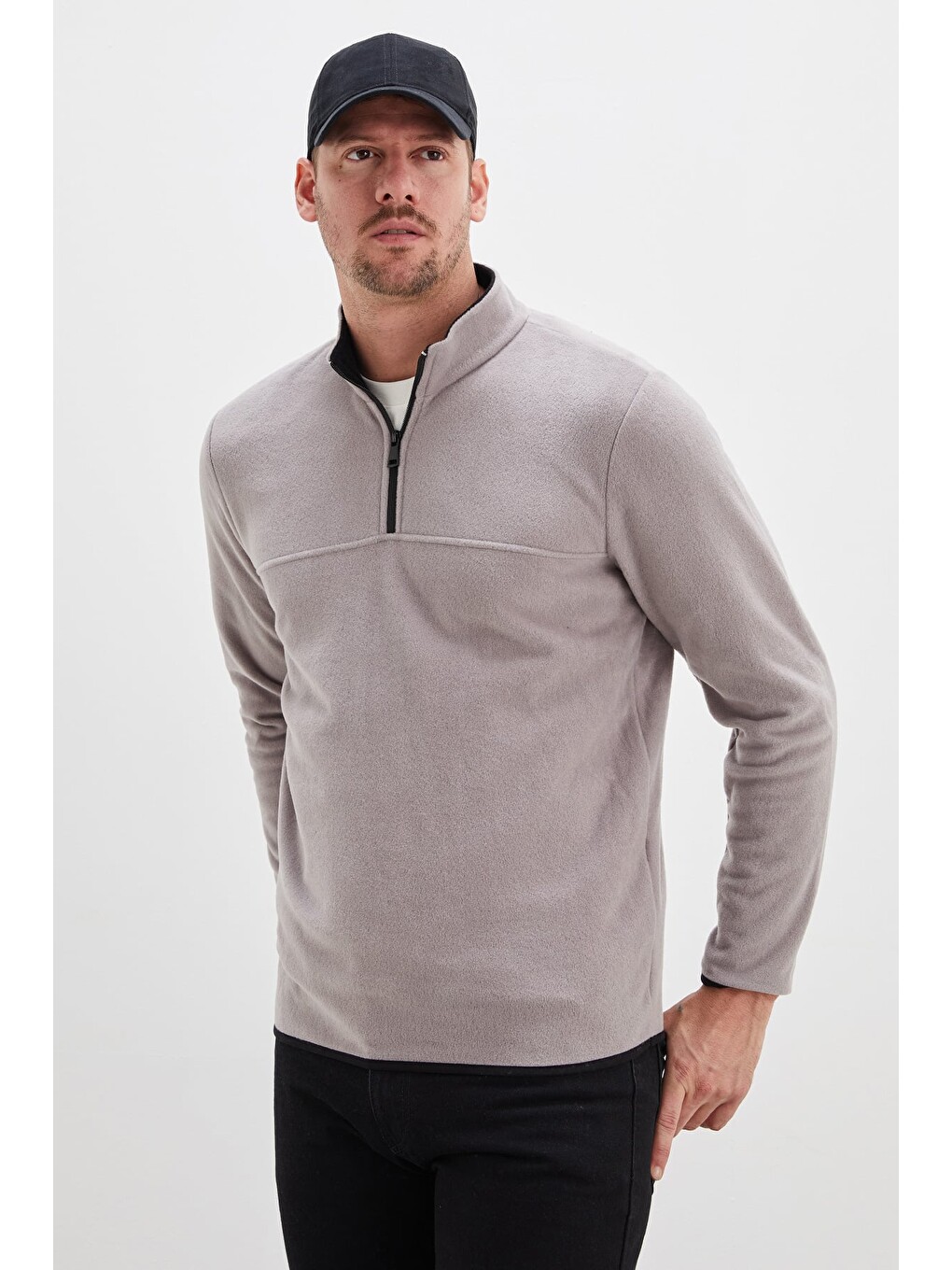 Gri Yarım Fermuarlı Dik Yaka Polar Sweatshirt-2