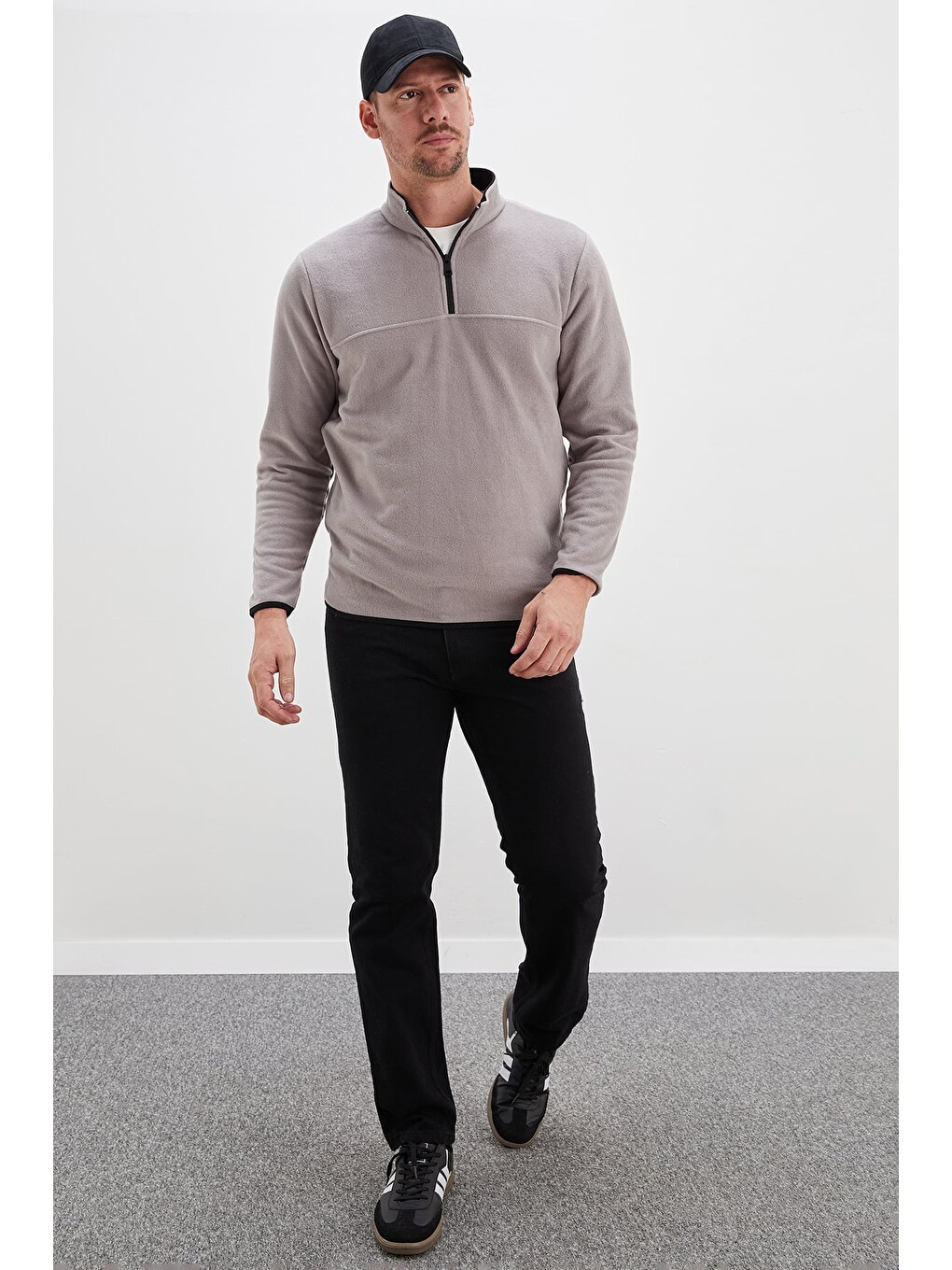 Gri Yarım Fermuarlı Dik Yaka Polar Sweatshirt-3