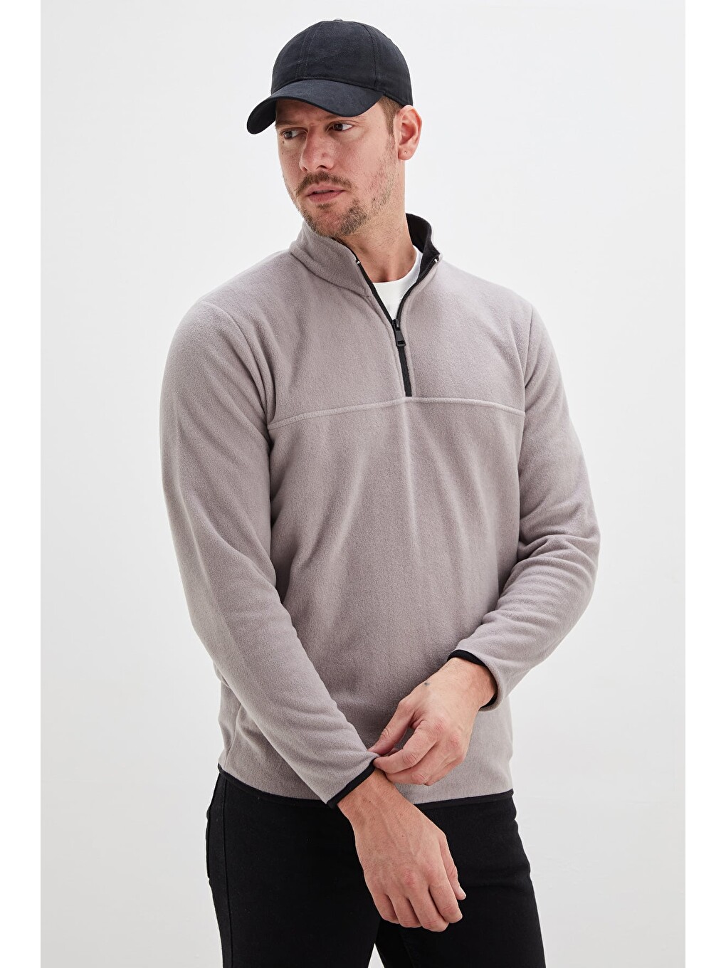Gri Yarım Fermuarlı Dik Yaka Polar Sweatshirt-4