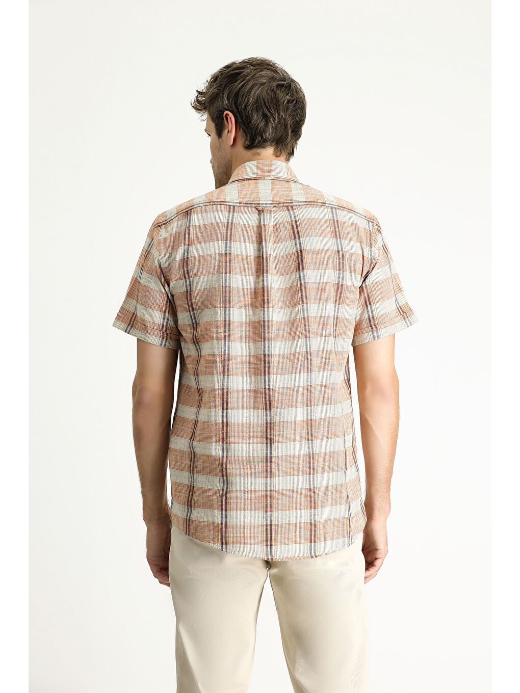 Turuncu Kısa Kol Regular Fit Ekose Spor Pamuk Düğmeli Yaka %100 Pamuk Gömlek-4