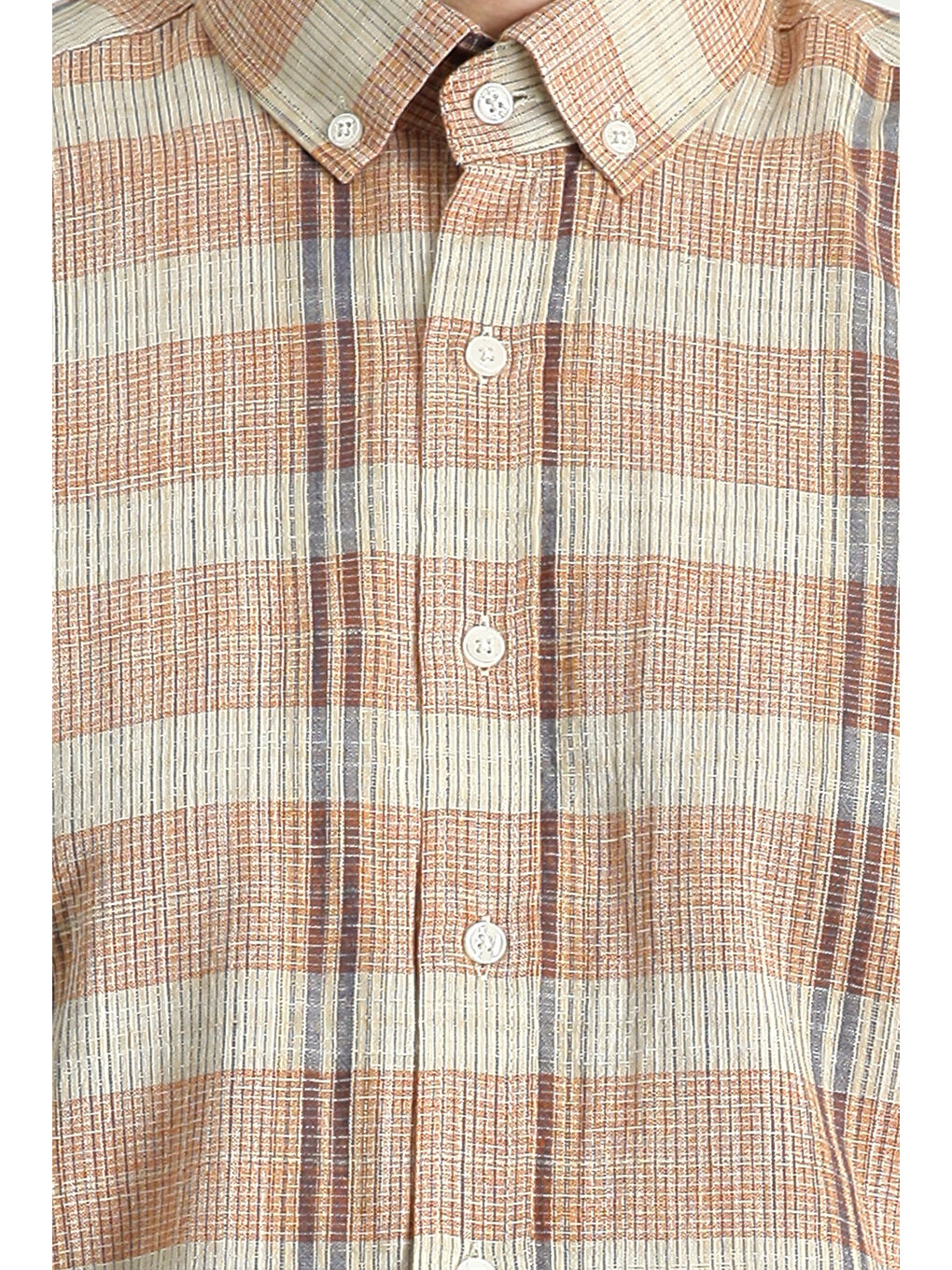 Turuncu Kısa Kol Regular Fit Ekose Spor Pamuk Düğmeli Yaka %100 Pamuk Gömlek-5