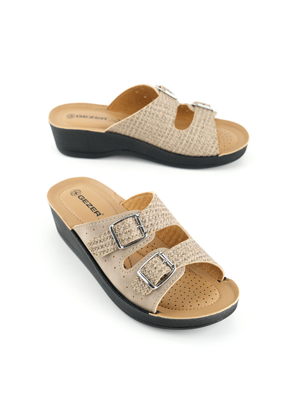 Bej Kadın Yazlık Suni Deri Yüksek Topuk İki Toka Ayarlanabilir Rahat Taban Günlük Terlik