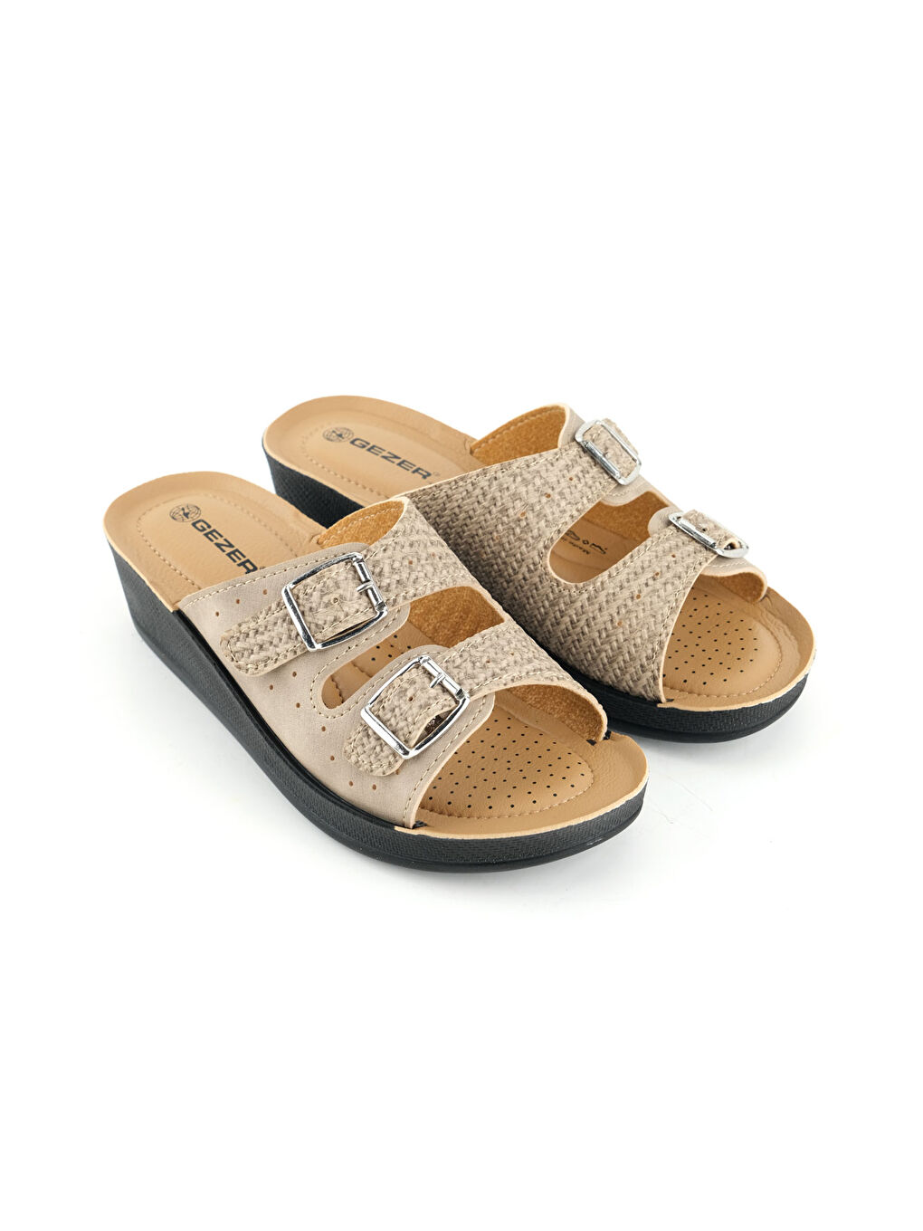 Bej Kadın Yazlık Suni Deri Yüksek Topuk İki Toka Ayarlanabilir Rahat Taban Günlük Terlik-2