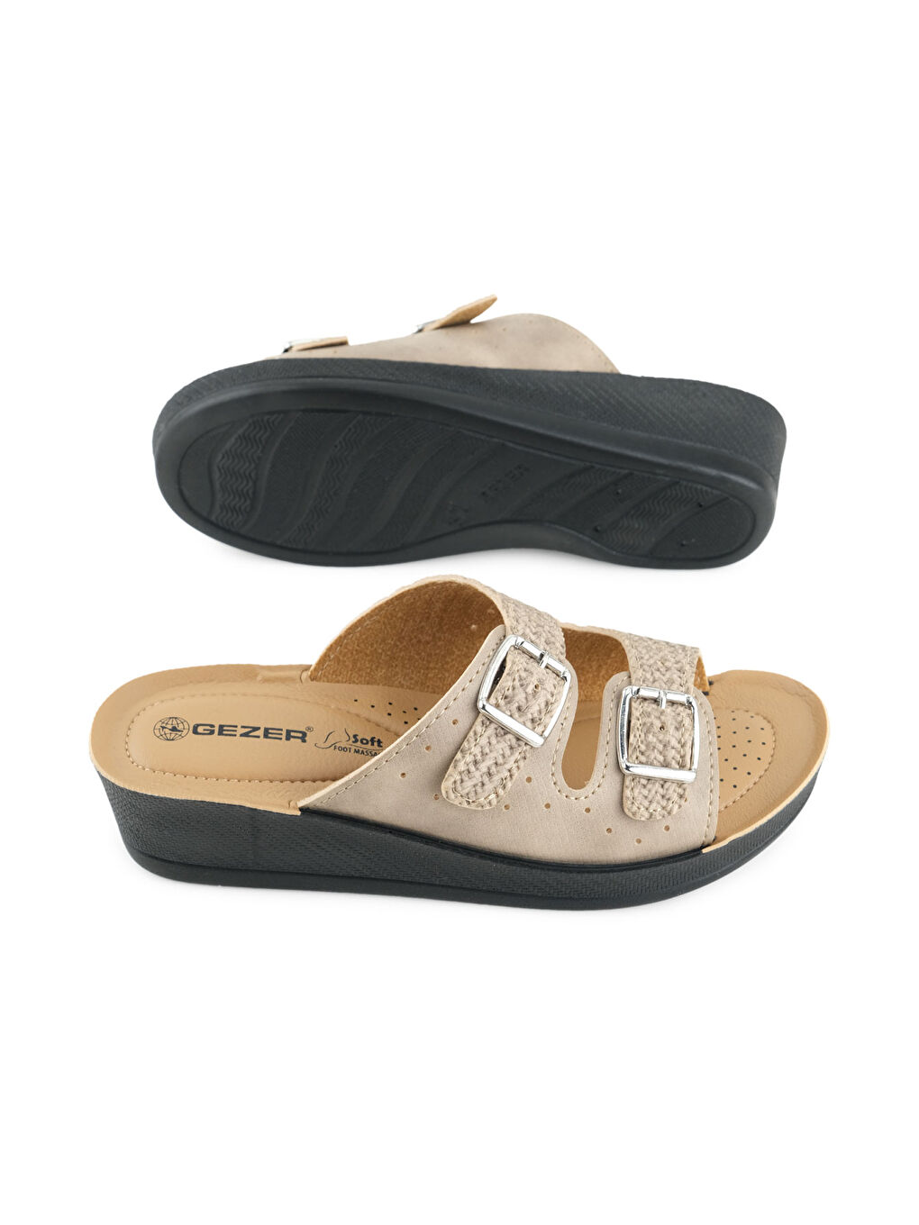 Bej Kadın Yazlık Suni Deri Yüksek Topuk İki Toka Ayarlanabilir Rahat Taban Günlük Terlik-4