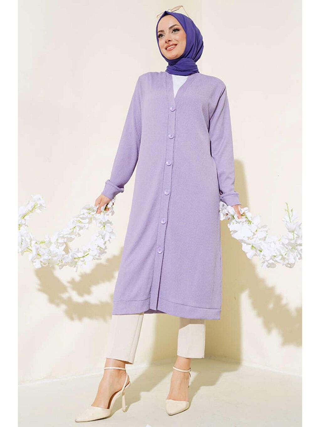 5922 Düğmeli Uzun Tesettür Hırka - Lila