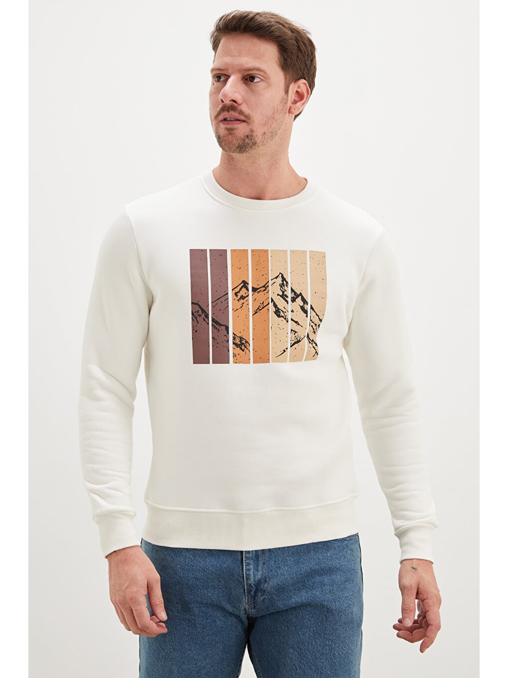 Ekru 3 İplik Dağ Baskılı Bisiklet Yaka Sweatshirt-1