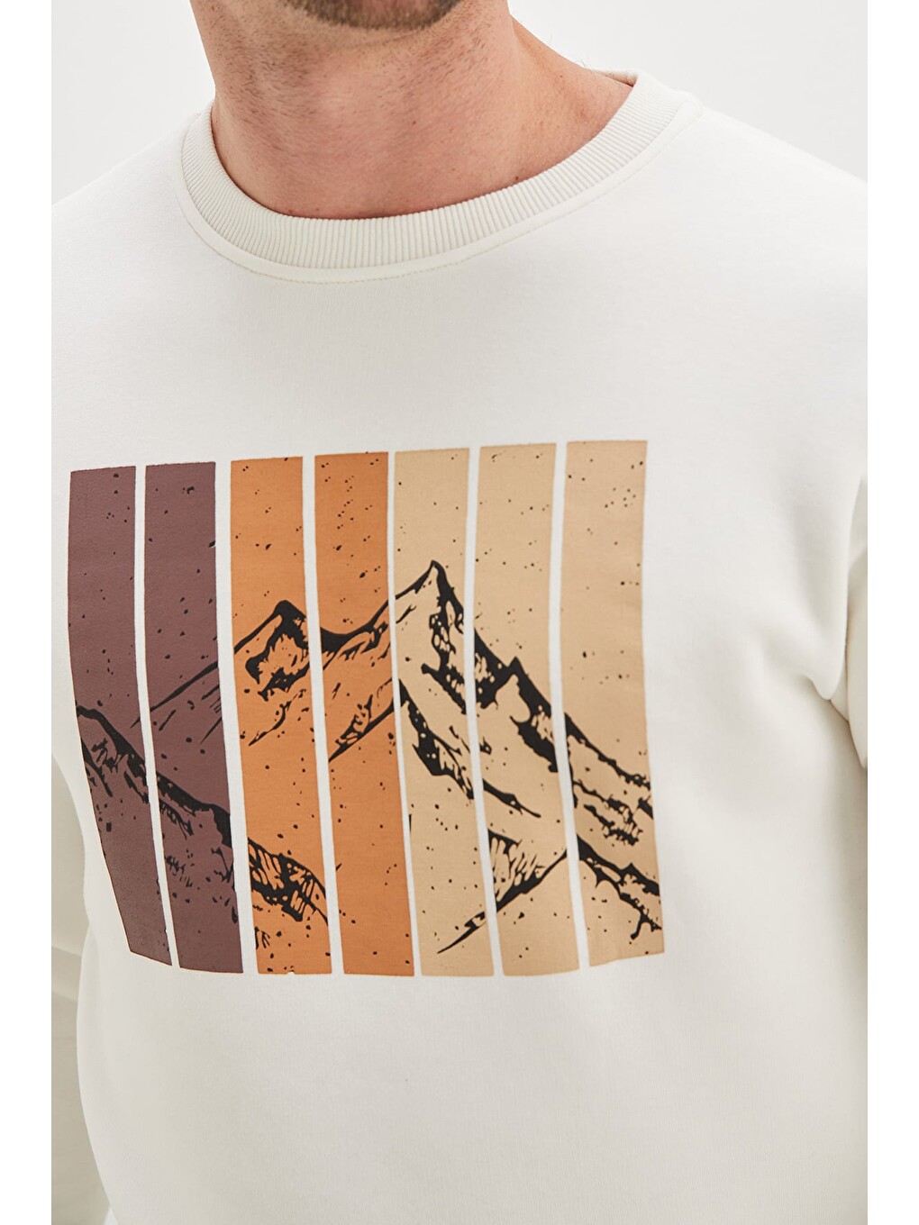 Ekru 3 İplik Dağ Baskılı Bisiklet Yaka Sweatshirt-4