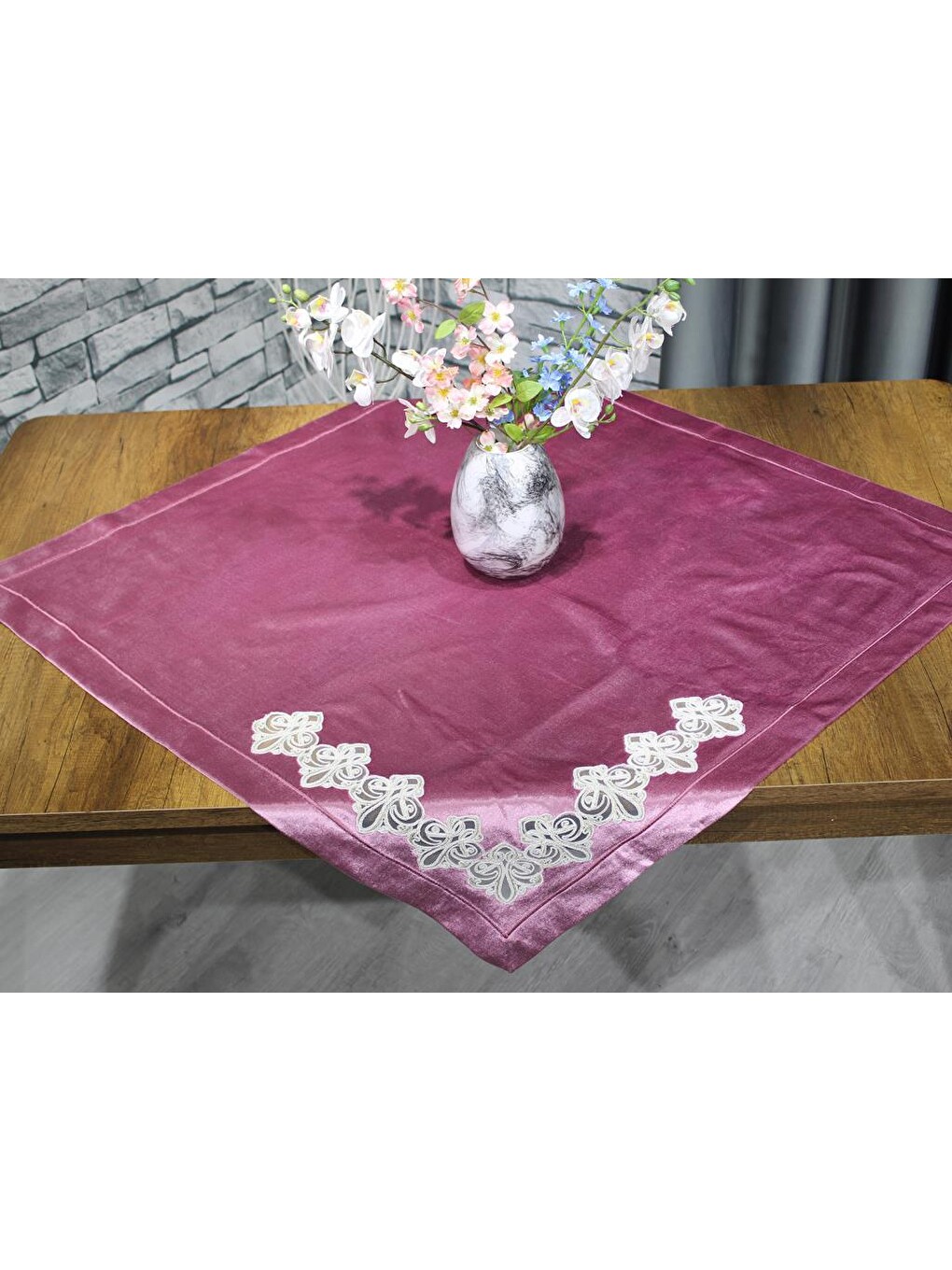 Pembe Athena Tek Kenarı Dantelli Tek Bohça Gül Kurusu-2