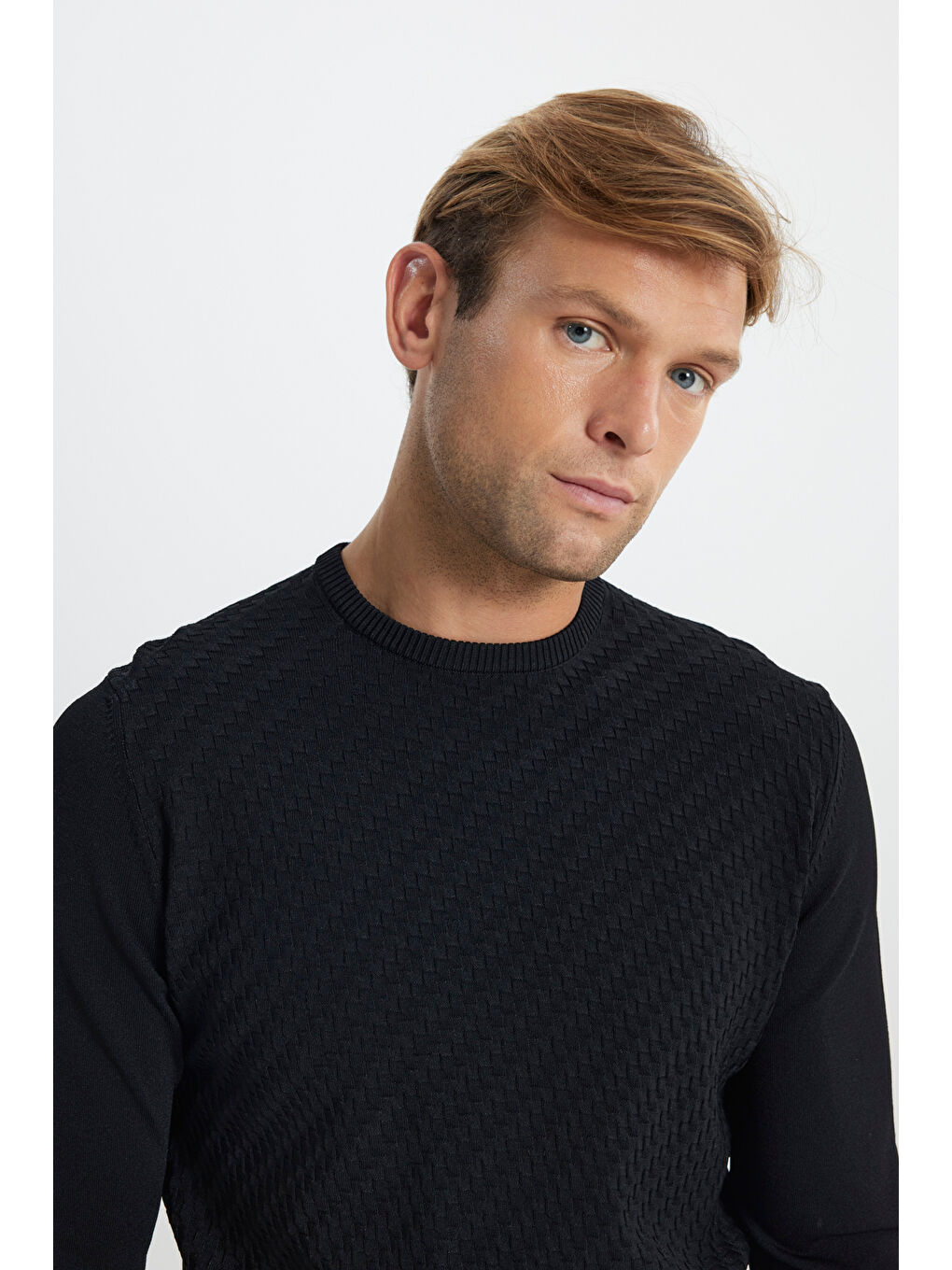 Erkek Siyah Standart Fit Normal Kesim Bisiklet Yaka Armürlü Triko Kazak-4