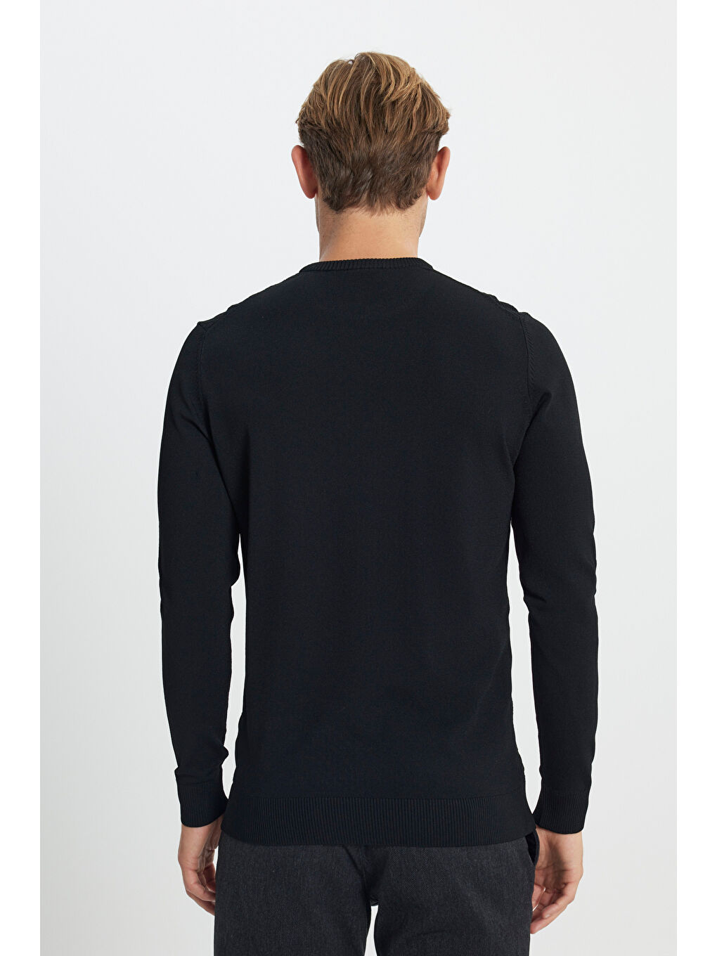 Erkek Siyah Standart Fit Normal Kesim Bisiklet Yaka Armürlü Triko Kazak-5