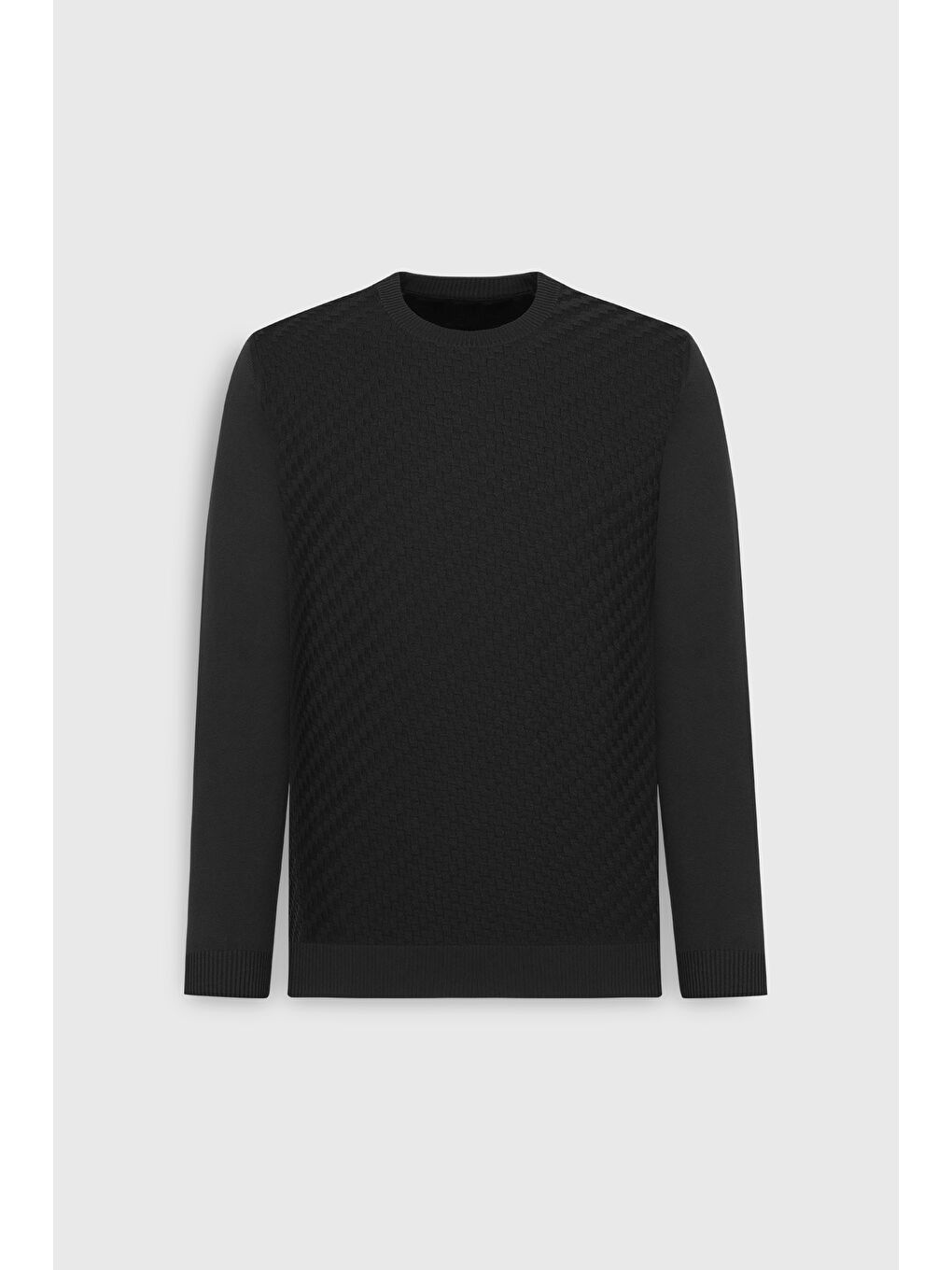 Erkek Siyah Standart Fit Normal Kesim Bisiklet Yaka Armürlü Triko Kazak-6