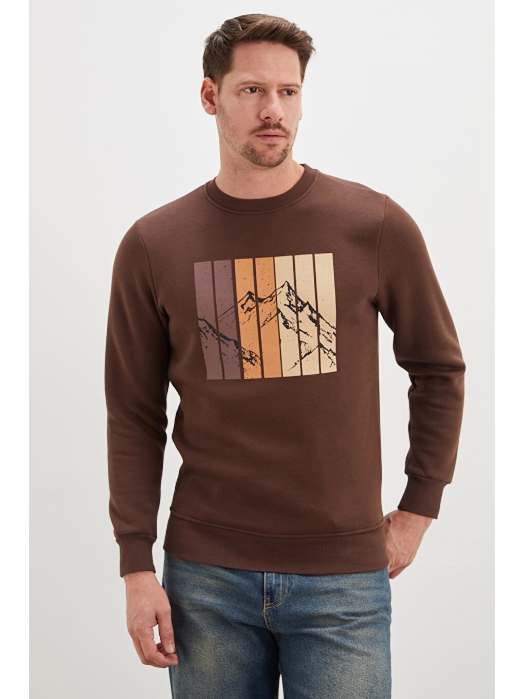 Kahverengi 3 İplik Dağ Baskılı Bisiklet Yaka Sweatshirt