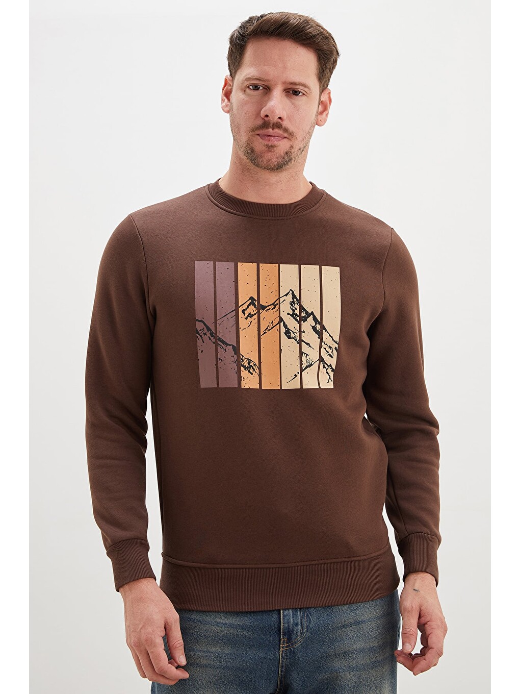 Kahverengi 3 İplik Dağ Baskılı Bisiklet Yaka Sweatshirt-1