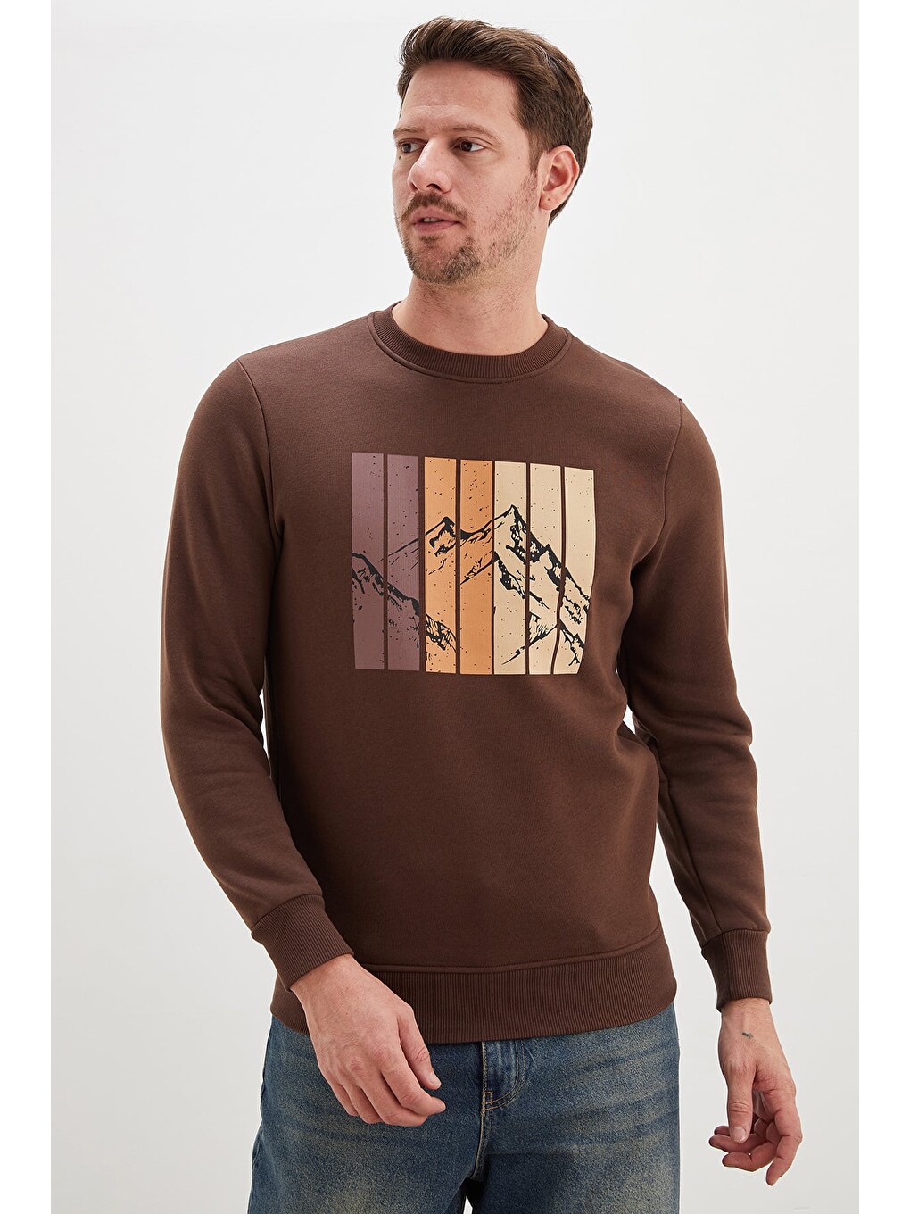 Kahverengi 3 İplik Dağ Baskılı Bisiklet Yaka Sweatshirt-2