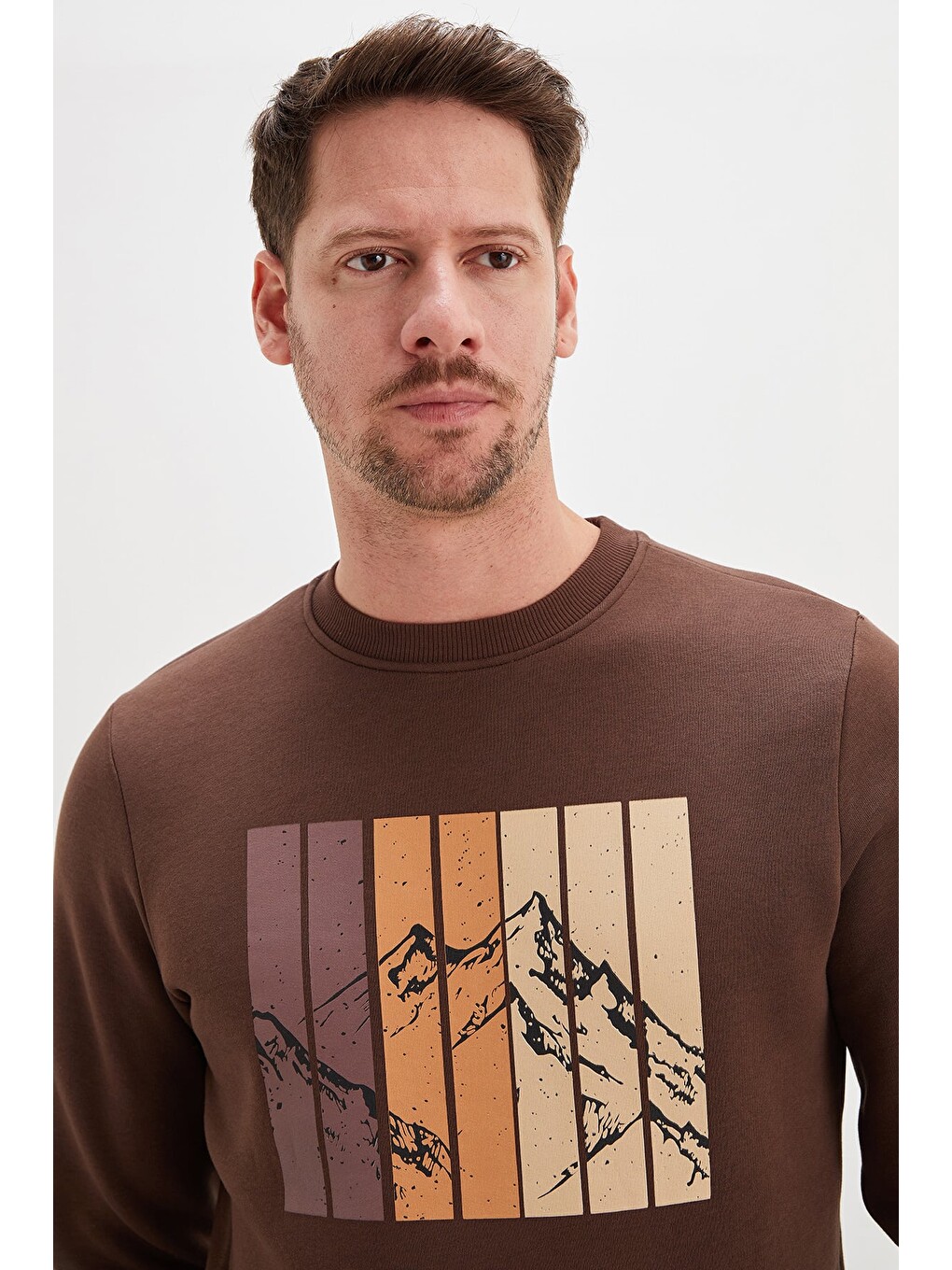 Kahverengi 3 İplik Dağ Baskılı Bisiklet Yaka Sweatshirt-4