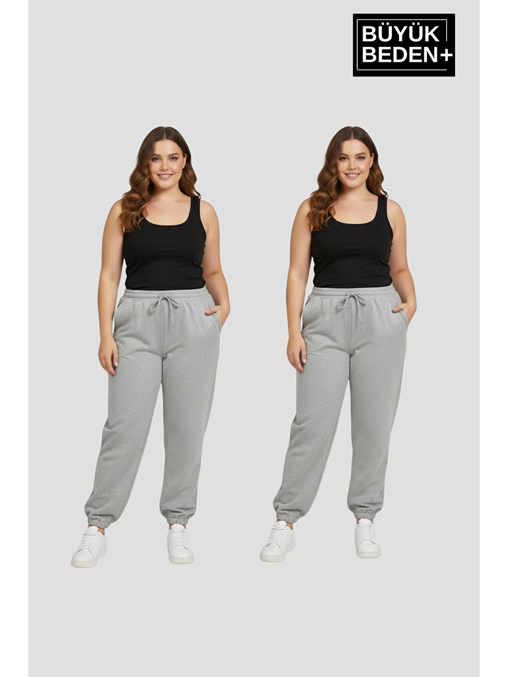 Gri Kadın Büyük Beden İkili Jogger Paça Lastikli İnce Eşofman Altı Seti SPR26BEA951+2