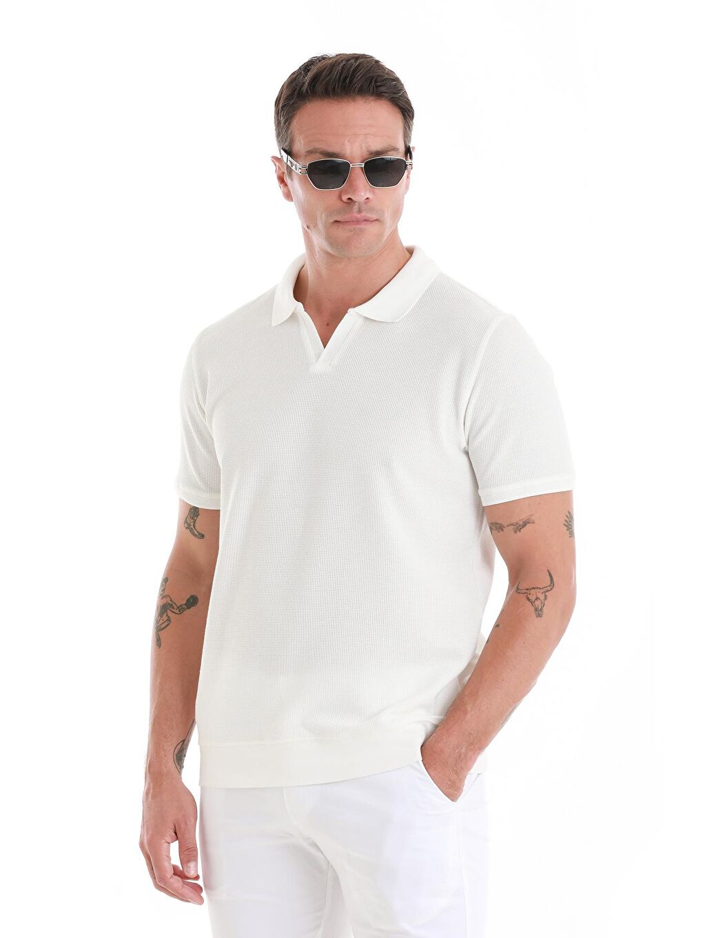 Beyaz Regular Fit Düz Polo Yaka Pamuklu Tişört