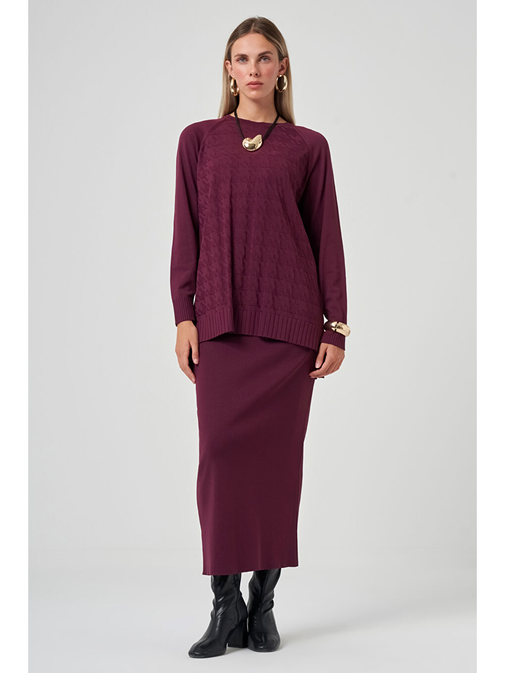 Kazayağı Desen Merserize Kalem Etekli Triko Takım 1350 Bordo