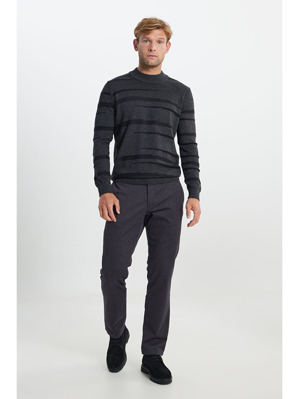 Erkek Antrasit-Melanj %100 Pamuk Standart Fit Normal Kesim Yarım Balıkçı Yaka Triko Kazak-1