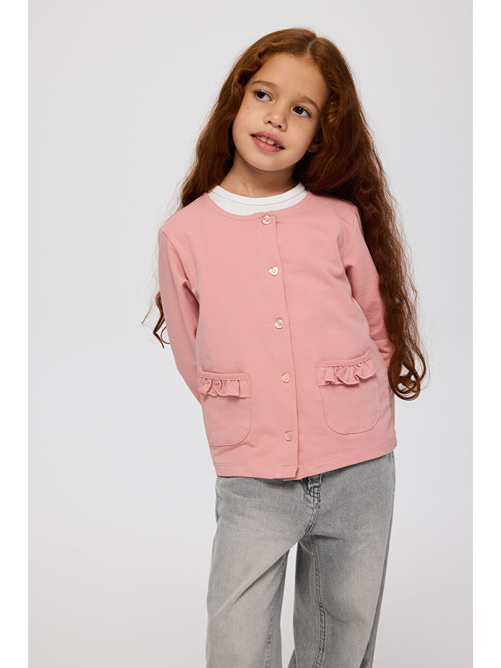 Kız Çocuk Cep Detaylı Düğmeli Örme Pembe Hırka-2