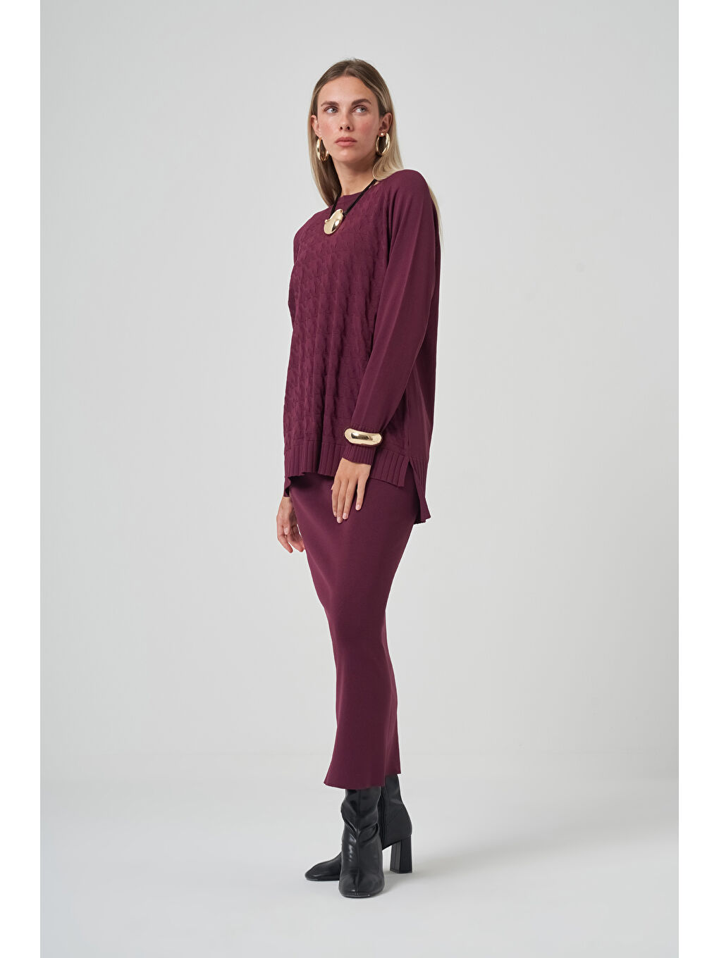 Kazayağı Desen Merserize Kalem Etekli Triko Takım 1350 Bordo-3