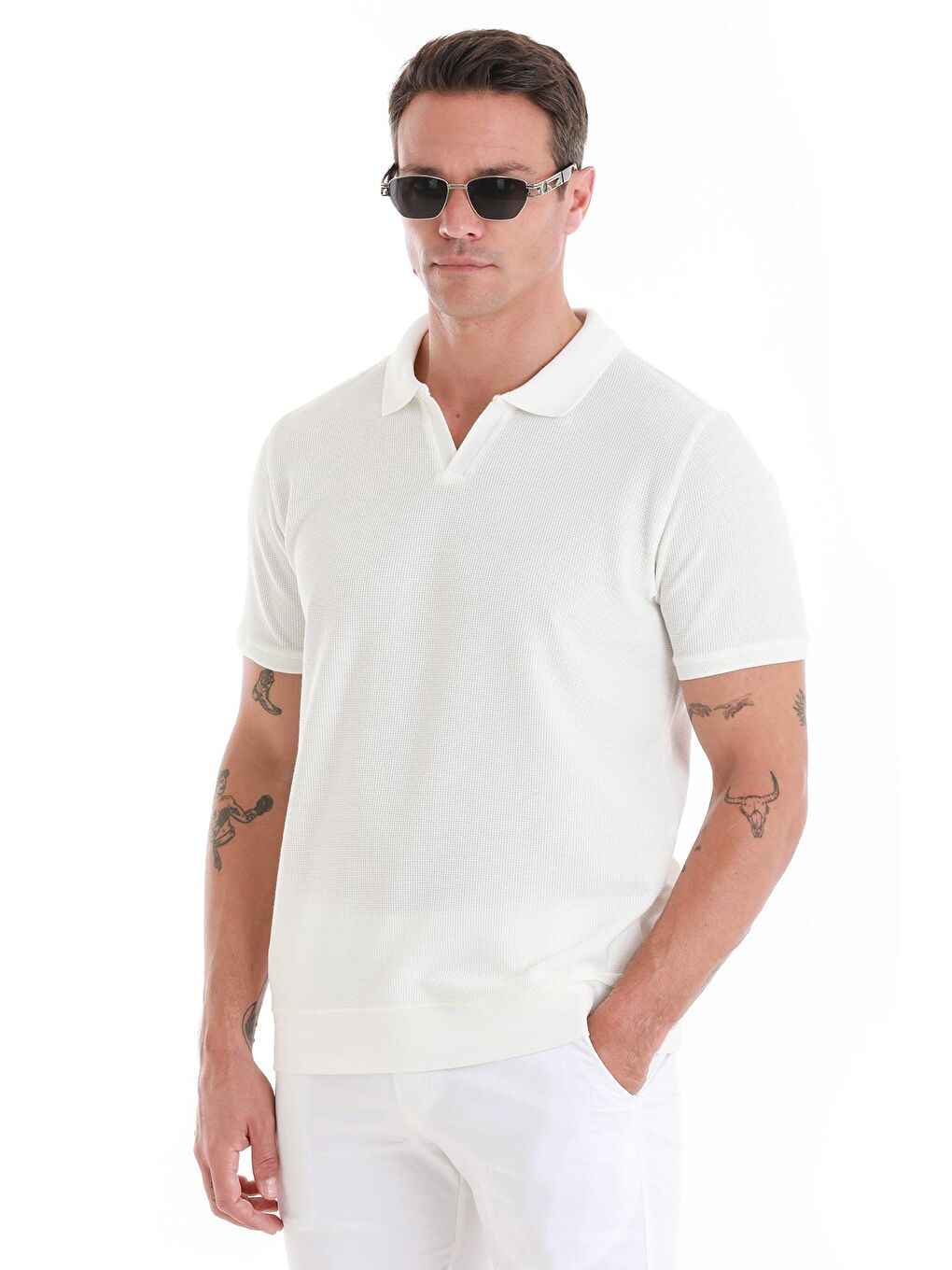 Beyaz Regular Fit Düz Polo Yaka Pamuklu Tişört-2