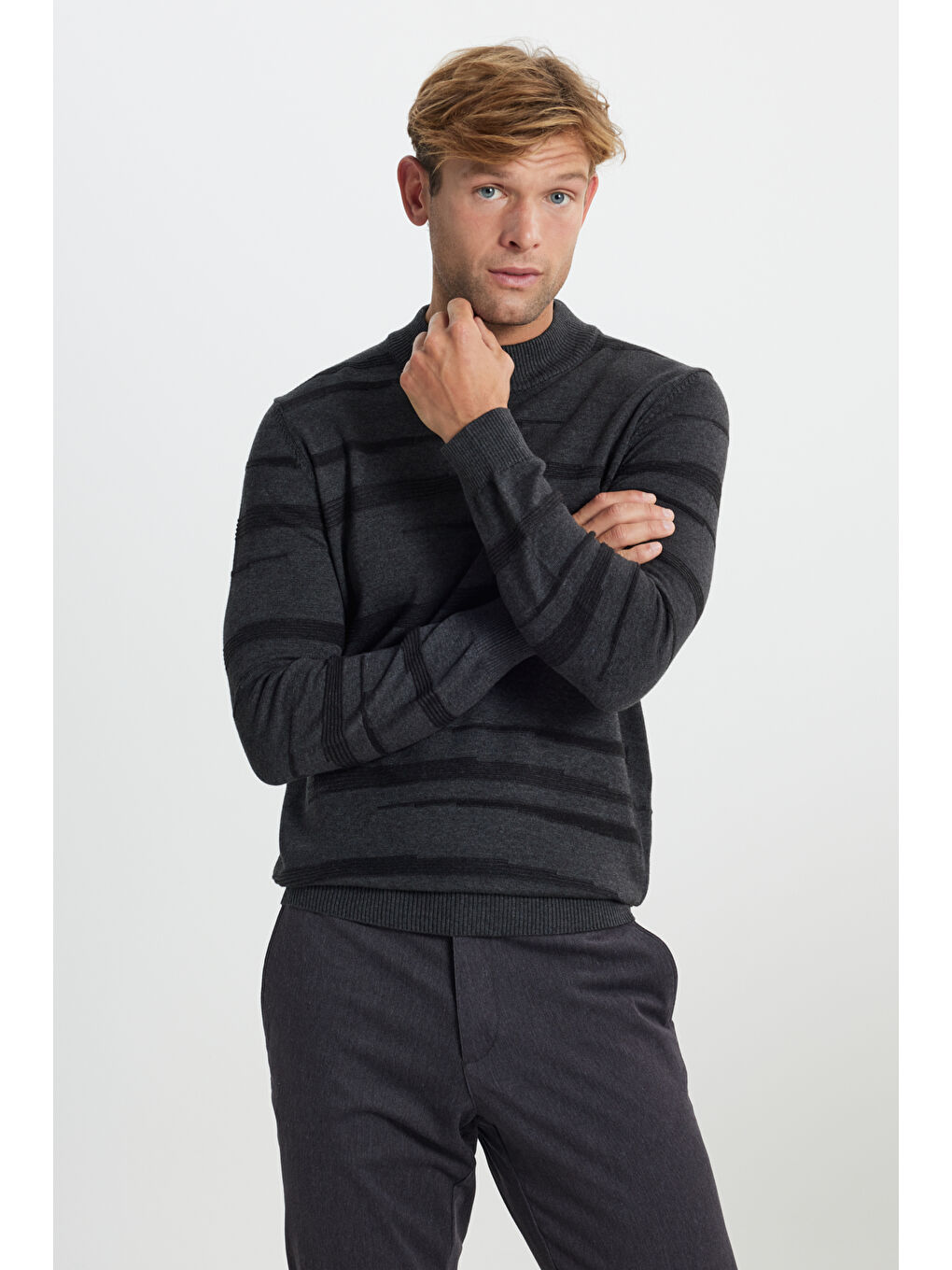 Erkek Antrasit-Melanj %100 Pamuk Standart Fit Normal Kesim Yarım Balıkçı Yaka Triko Kazak-2