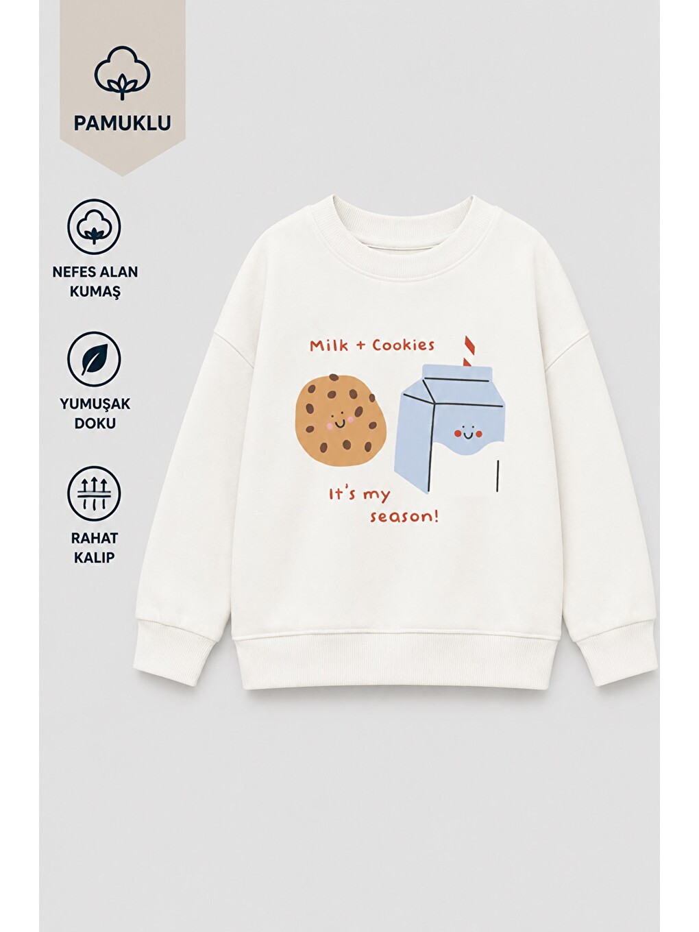 Ekru Kız Çocuk 3 İplik Kumaş Pamuklu Kurabiye Baskılı Sweatshirt-1