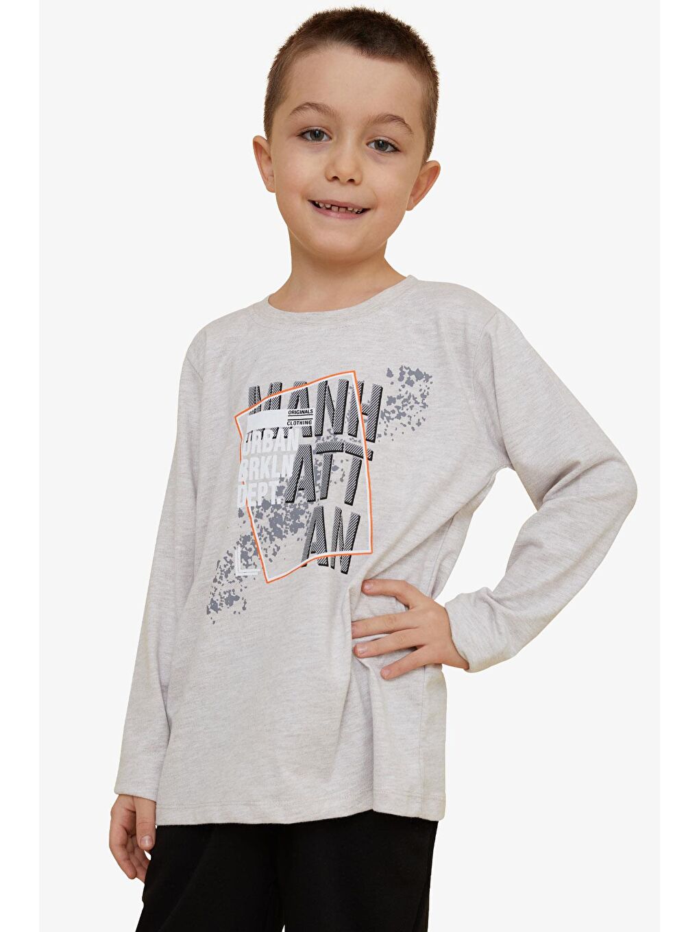 Erkek Çocuk Uzun Kollu Tişört Desenli Yazı Baskılı Bej Melanj (6-12 Yaş)-3
