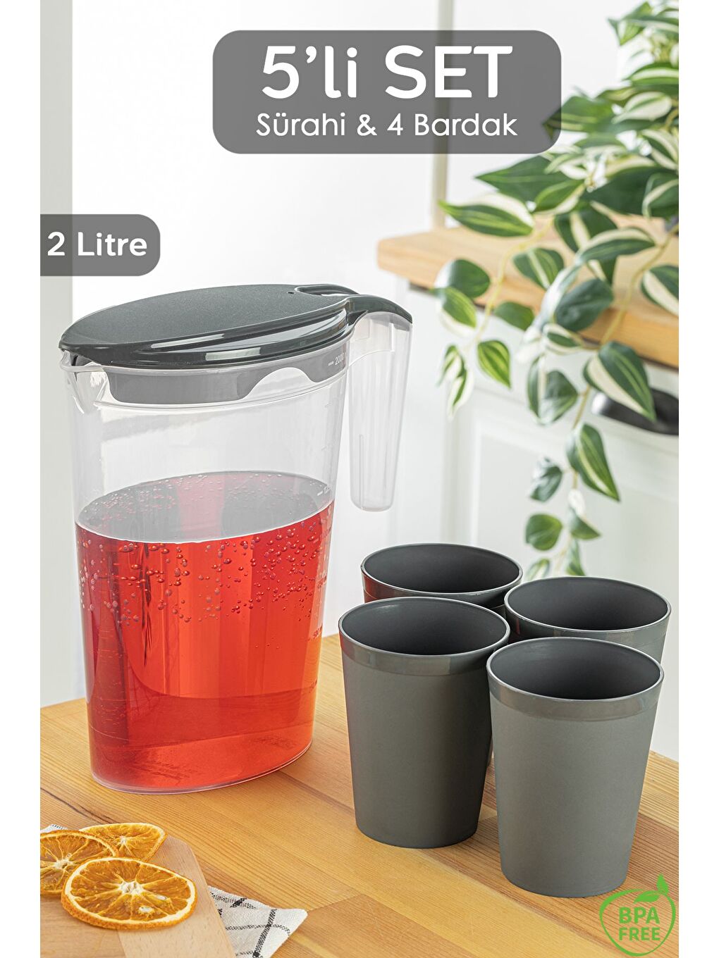 Gri 5 Parça Sürahi Bardak Seti 5'li Piknik Kamp Seti Sürahi Bardak Seti