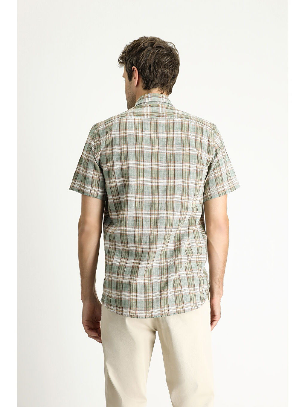 Haki Kısa Kol Regular Fit Ekose Spor Pamuk Düğmeli Yaka Gömlek-4