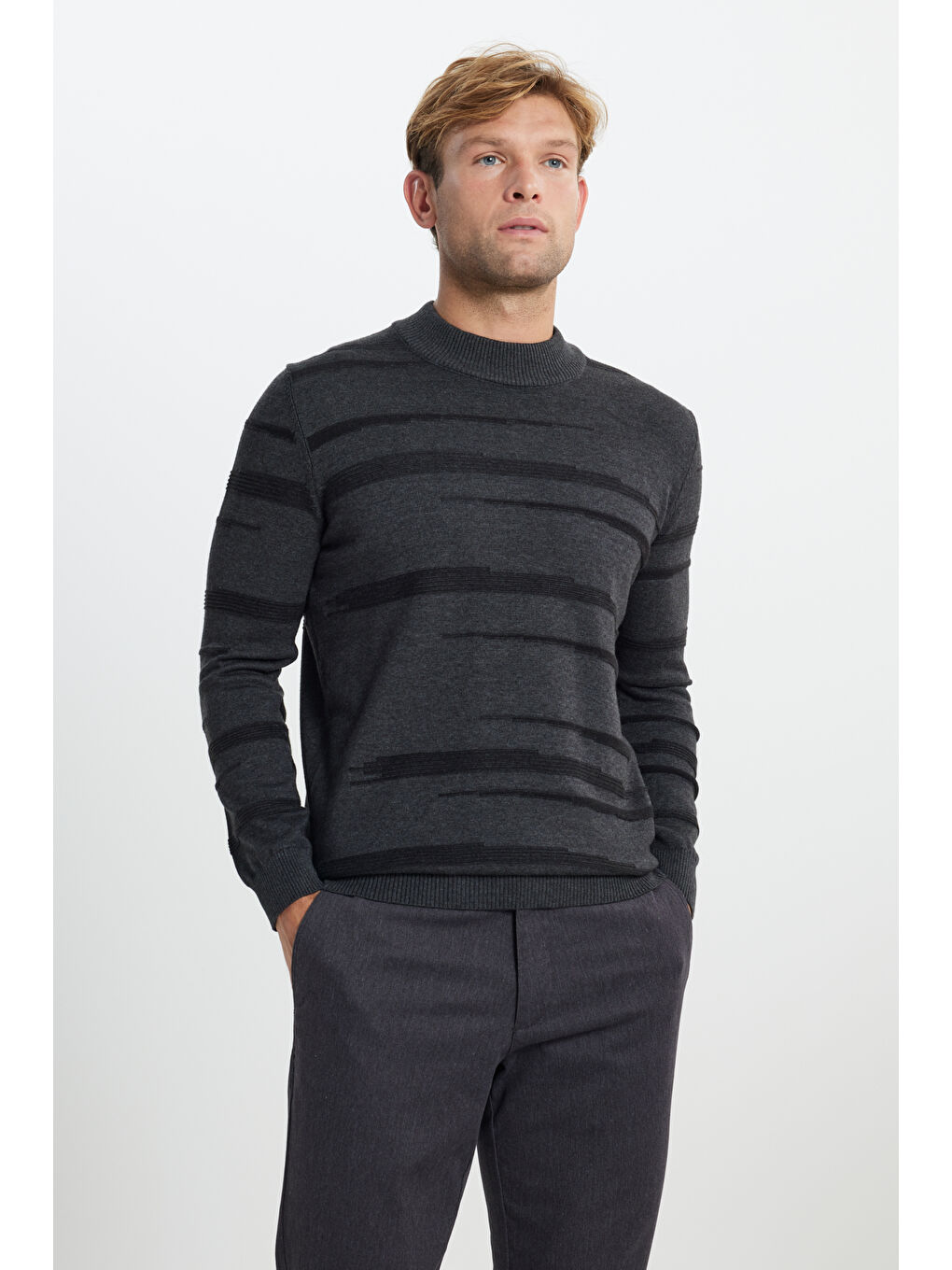 Erkek Antrasit-Melanj %100 Pamuk Standart Fit Normal Kesim Yarım Balıkçı Yaka Triko Kazak-3