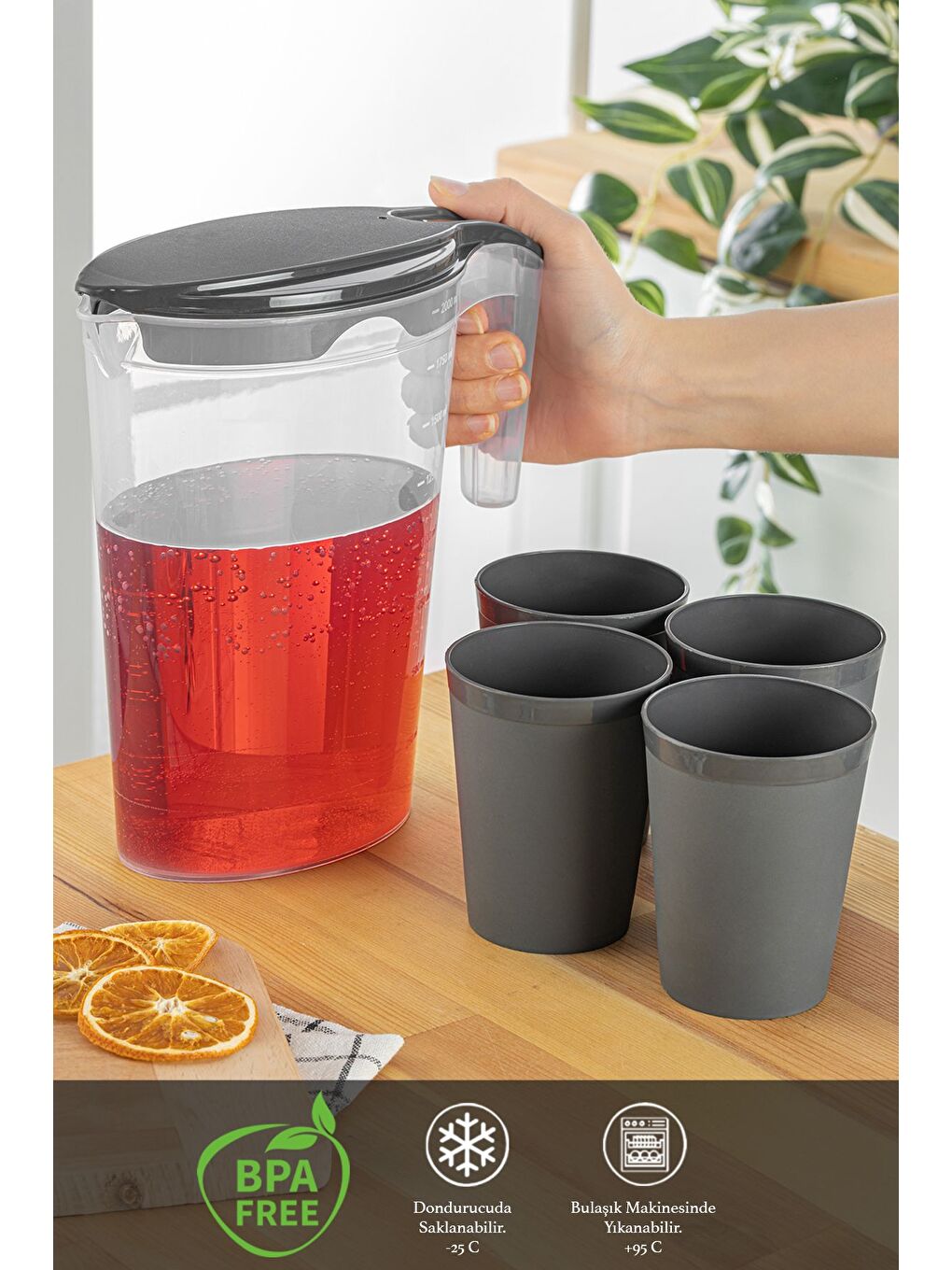 Gri 5 Parça Sürahi Bardak Seti 5'li Piknik Kamp Seti Sürahi Bardak Seti-1