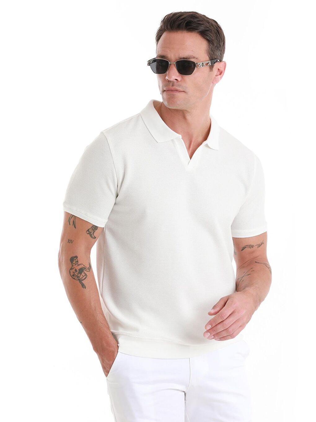 Beyaz Regular Fit Düz Polo Yaka Pamuklu Tişört-3