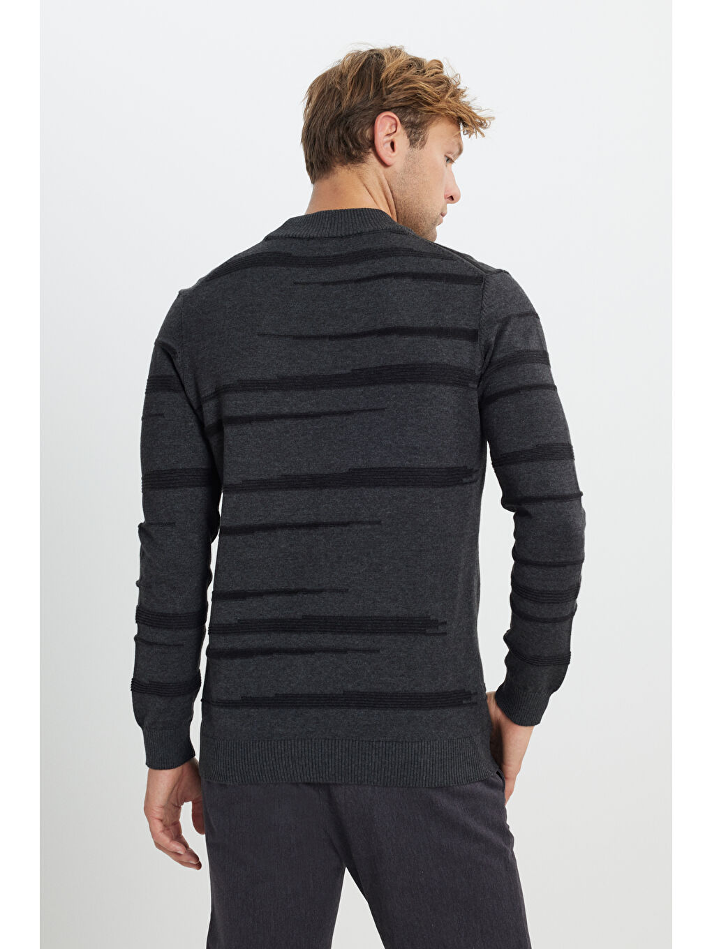 Erkek Antrasit-Melanj %100 Pamuk Standart Fit Normal Kesim Yarım Balıkçı Yaka Triko Kazak-5